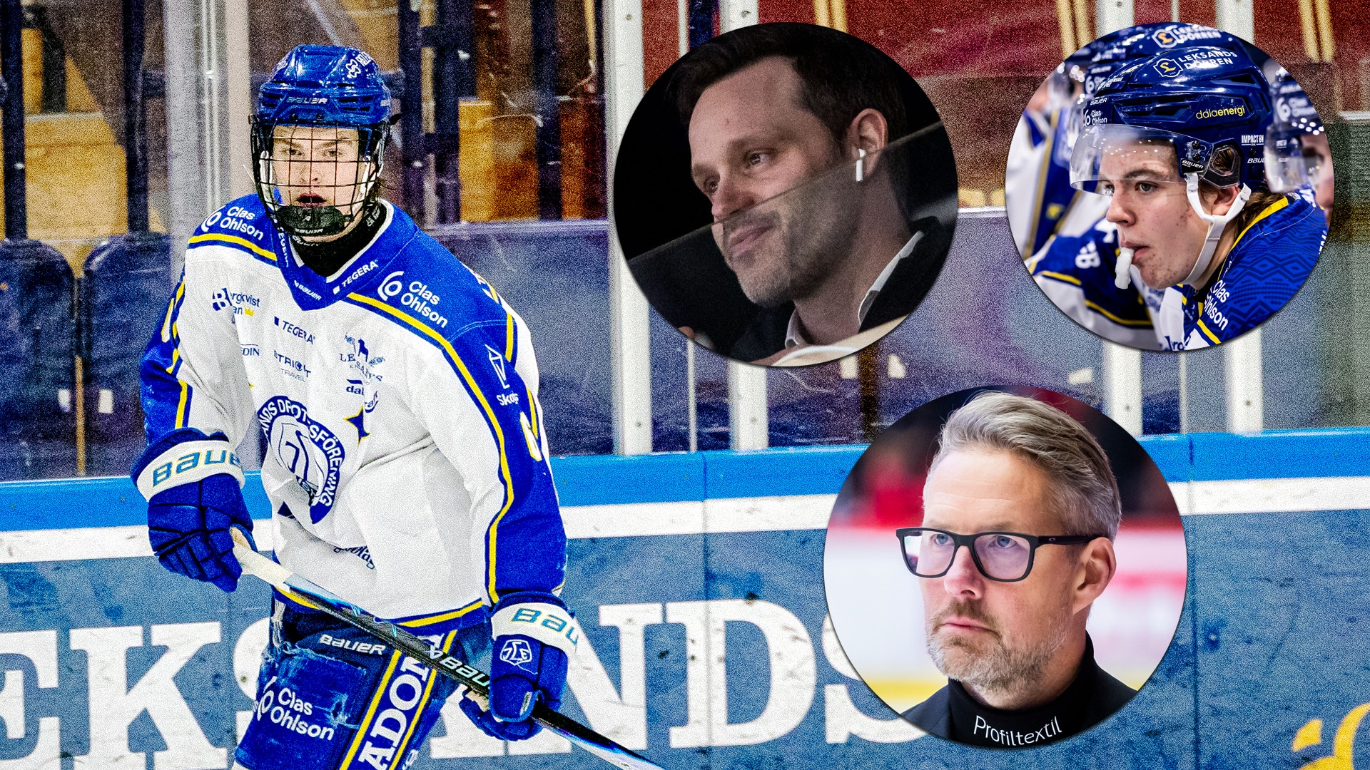 Ishockeyspelare i blå och vit tröja på isen, med tre porträttcirklar av män överlagda på bilden.