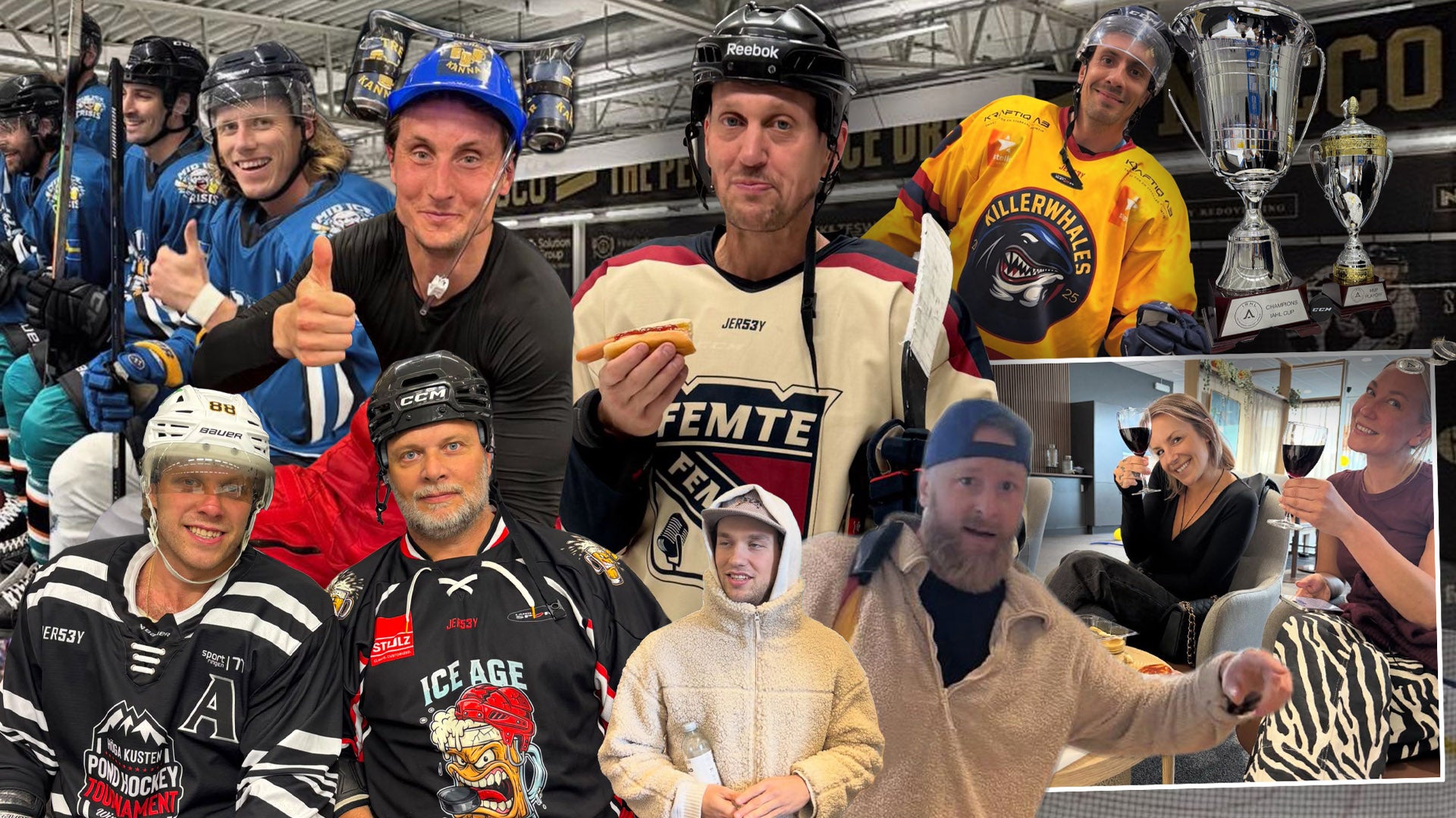 Gruppbild från ett ishockeyturnering eller event med flera personer i hockeyutrustning och tröjor som poserar tillsammans inomhus i en ishall.