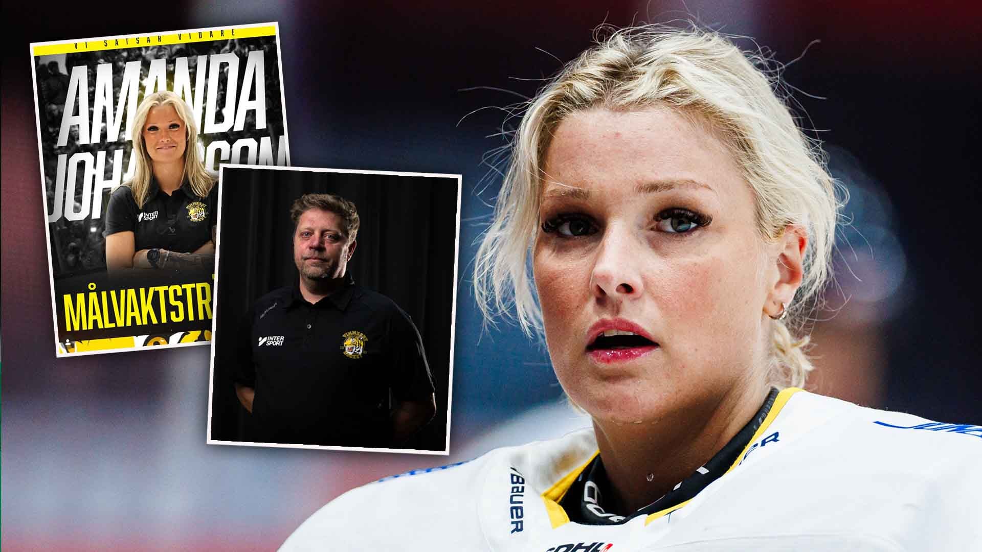Collage med en kvinnlig ishockeyspelare i fokus på höger sida och två porträttbilder på vänster sida med texten Amanda Johansson och ordet Målvaktstri.