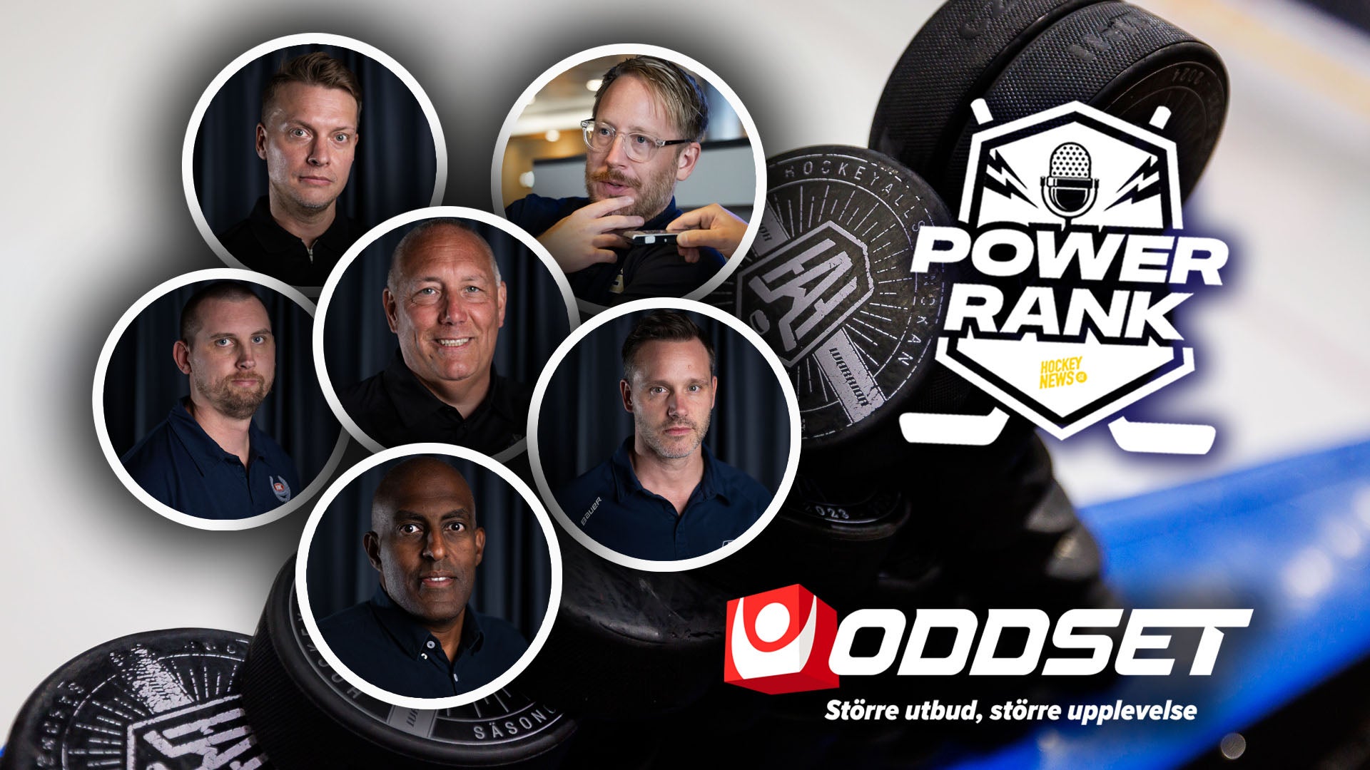 Bild för podcasten Power Rank med sex porträttbilder av män samt loggor för Power Rank och Oddset.
