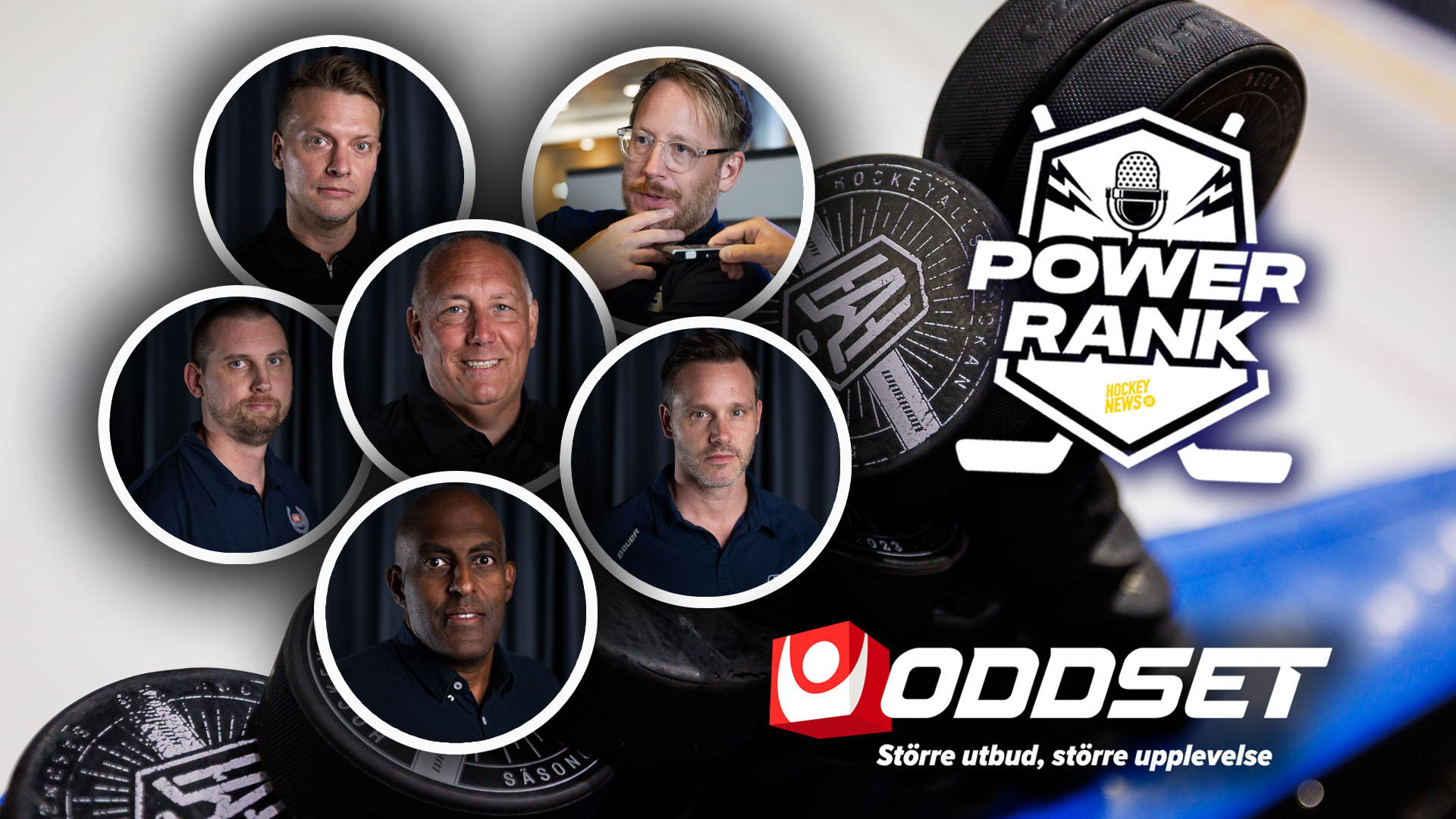Bild för podcasten Power Rank med sex porträttbilder av män samt loggor för Power Rank och Oddset.