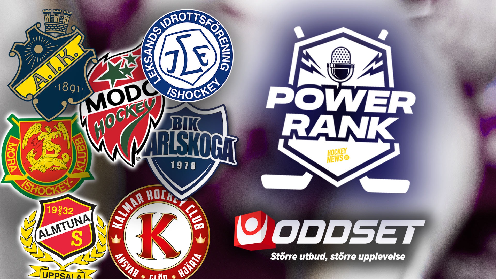 Logotyper från svenska ishockeylag tillsammans med Power Rank och Oddset-logotyperna.