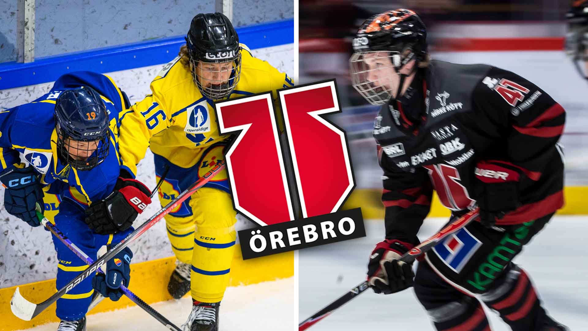 Collage med ishockeyspelare från Örebro Hockey Club. Visar spelare i blå och gula trikåer på vänster sida och spelare i svarta och röda trikåer på höger sida, med Örebro HC:s logotyp i mitten.