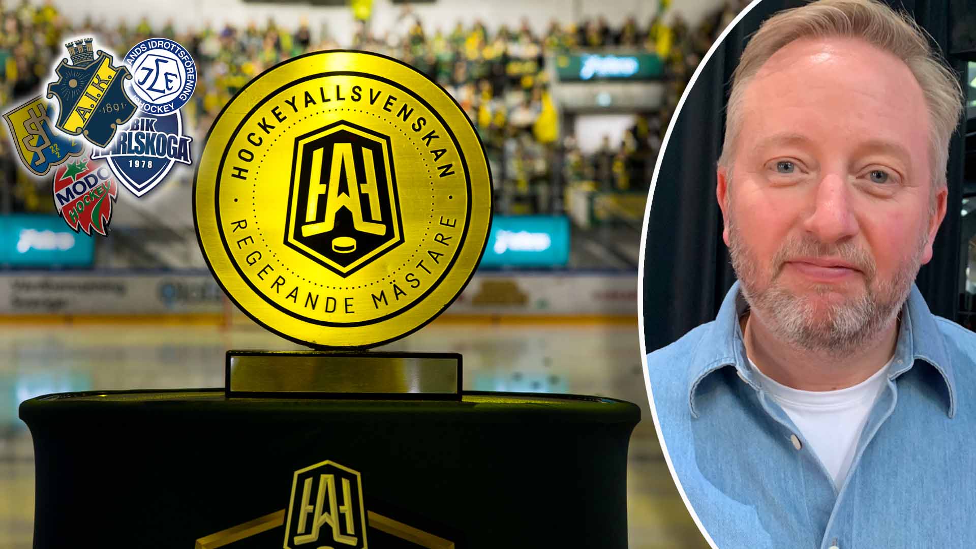En pokal med Hockeyallsvenskans mästarmärke, i bakgrunden en ishockeyarena med publik, samt en bild på en man i jeansskjorta.