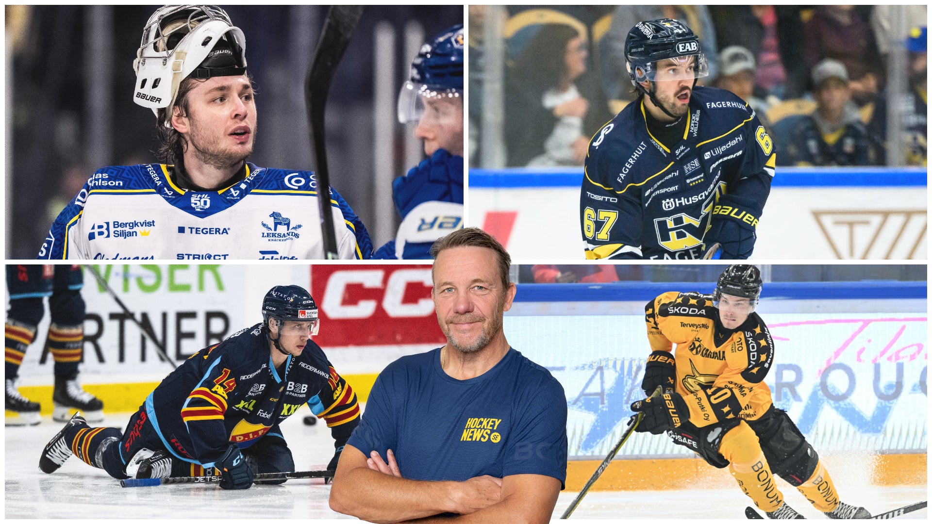 Collage över ishockeytränare och spelare. I mitten står en man i mörkblå t-shirt, omgiven av bilder på ishockeyspelare i gul och blå matchutrustning under spel.