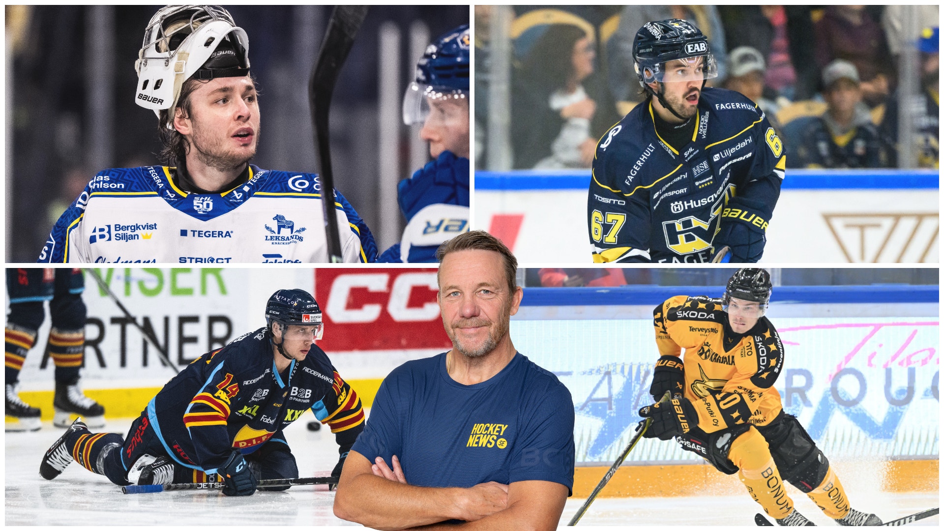 Collage över ishockeytränare och spelare. I mitten står en man i mörkblå t-shirt, omgiven av bilder på ishockeyspelare i gul och blå matchutrustning under spel.