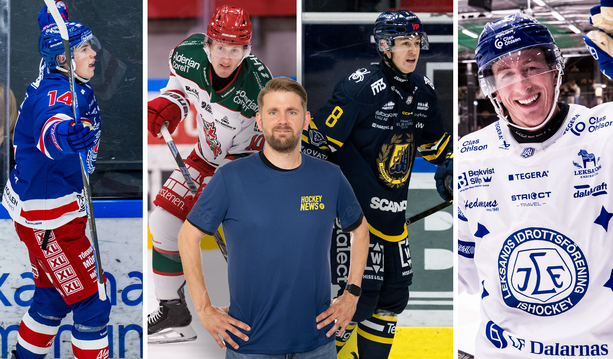 Bildkollage med fyra ishockeyspelare i olika matchtröjor samt en man i Hockeynews-t-shirt som står med händerna i sidorna.