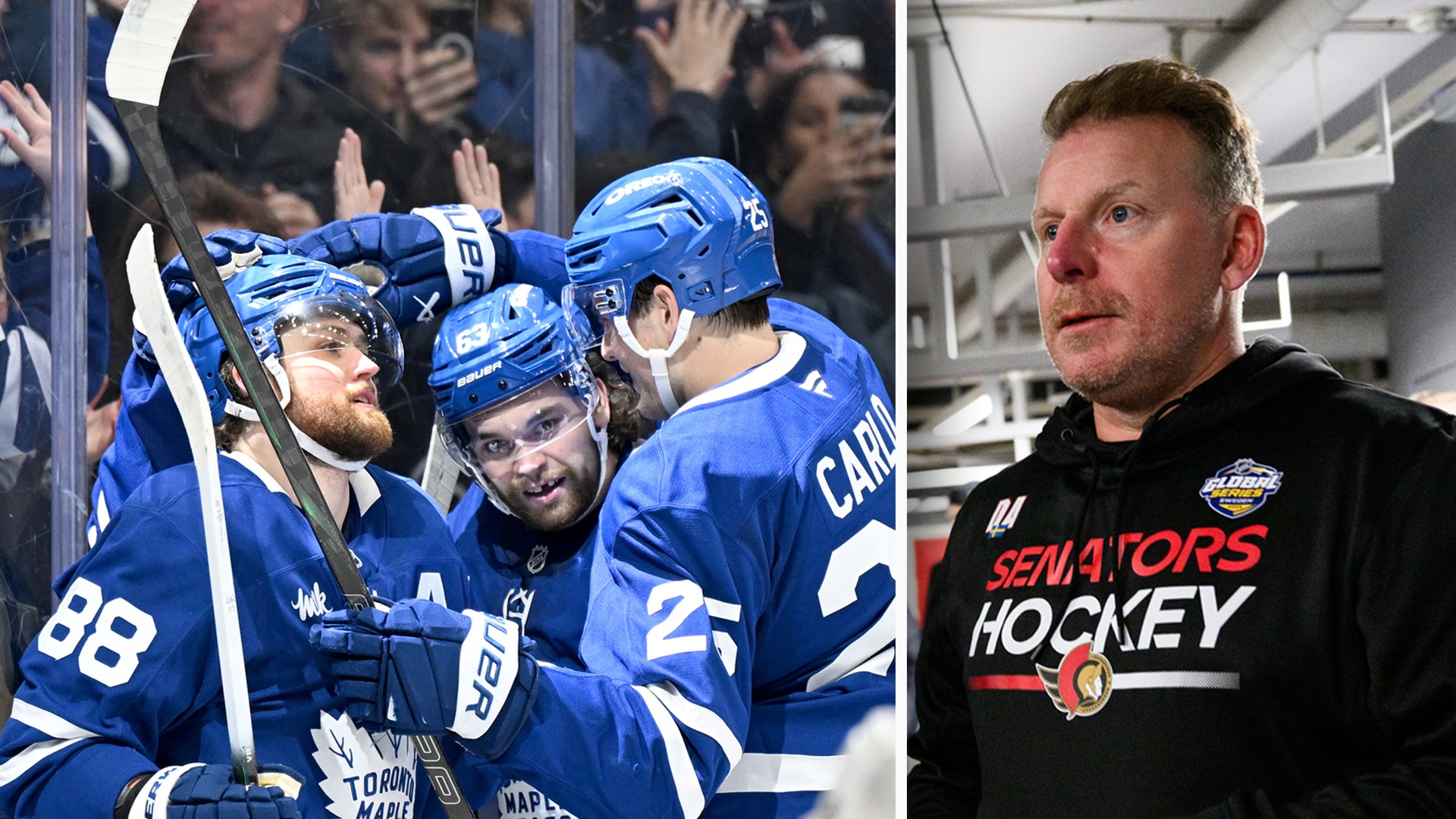 Sammansatt bild från hockey: till vänster firar spelare i blå Toronto Maple Leafs-uniformer tillsammans vid sargen, till höger står en man i svart jacka med Ottawa Senators Hockey-logga.