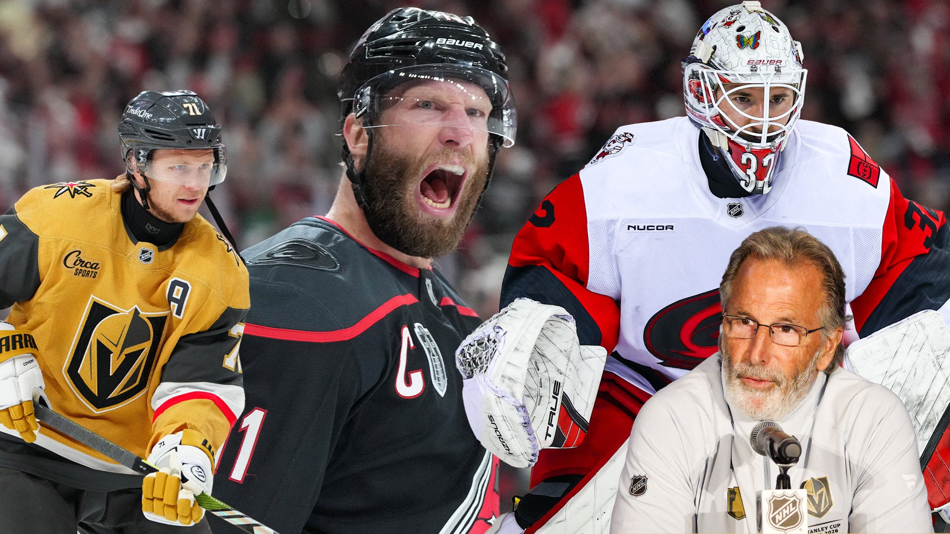Collage med NHL-hockeyspelare i olika lag och en man med glasögon i förgrunden.