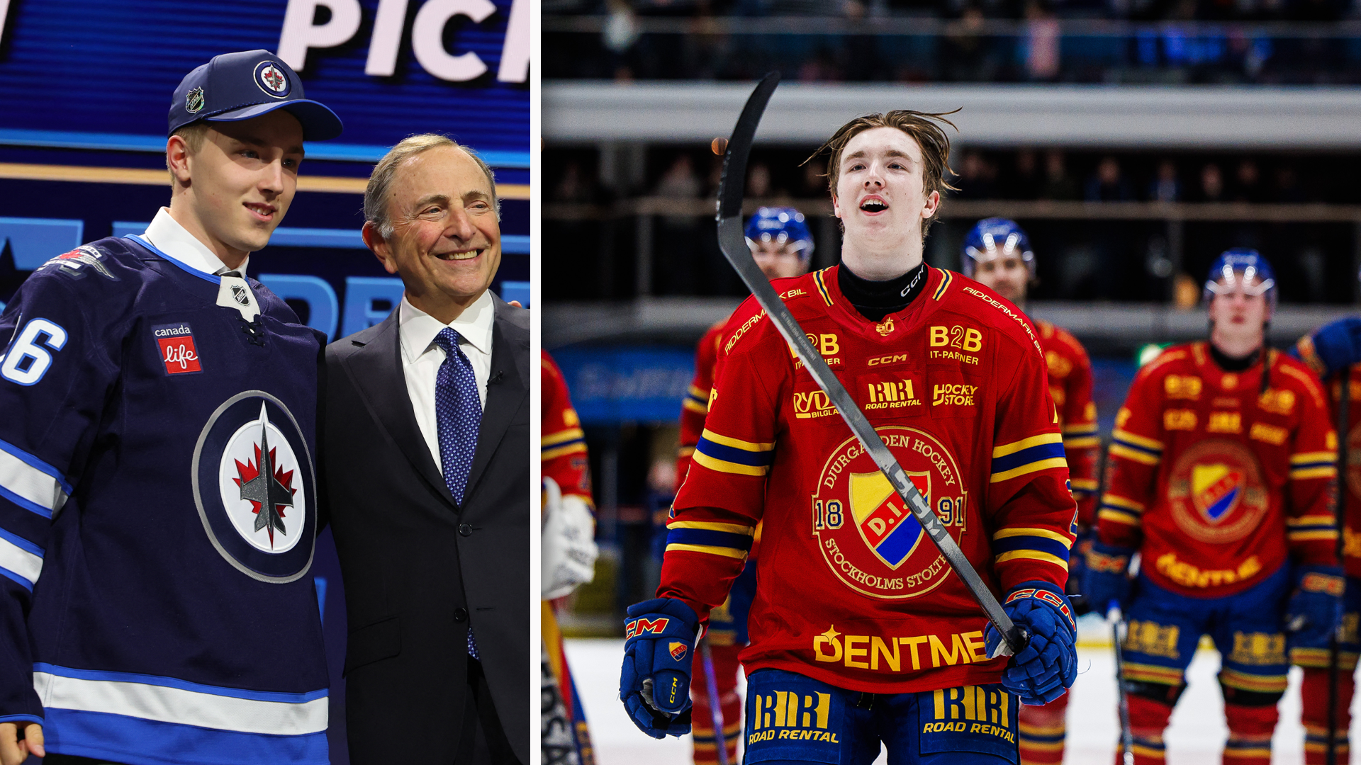 Sammansatt bild från ishockey. Vänster sida visar en ung spelare i Winnipeg Jets mörkblå tröja tillsammans med en äldre man. Höger sida visar en spelare i röd ishockeytröja på isen under en match.