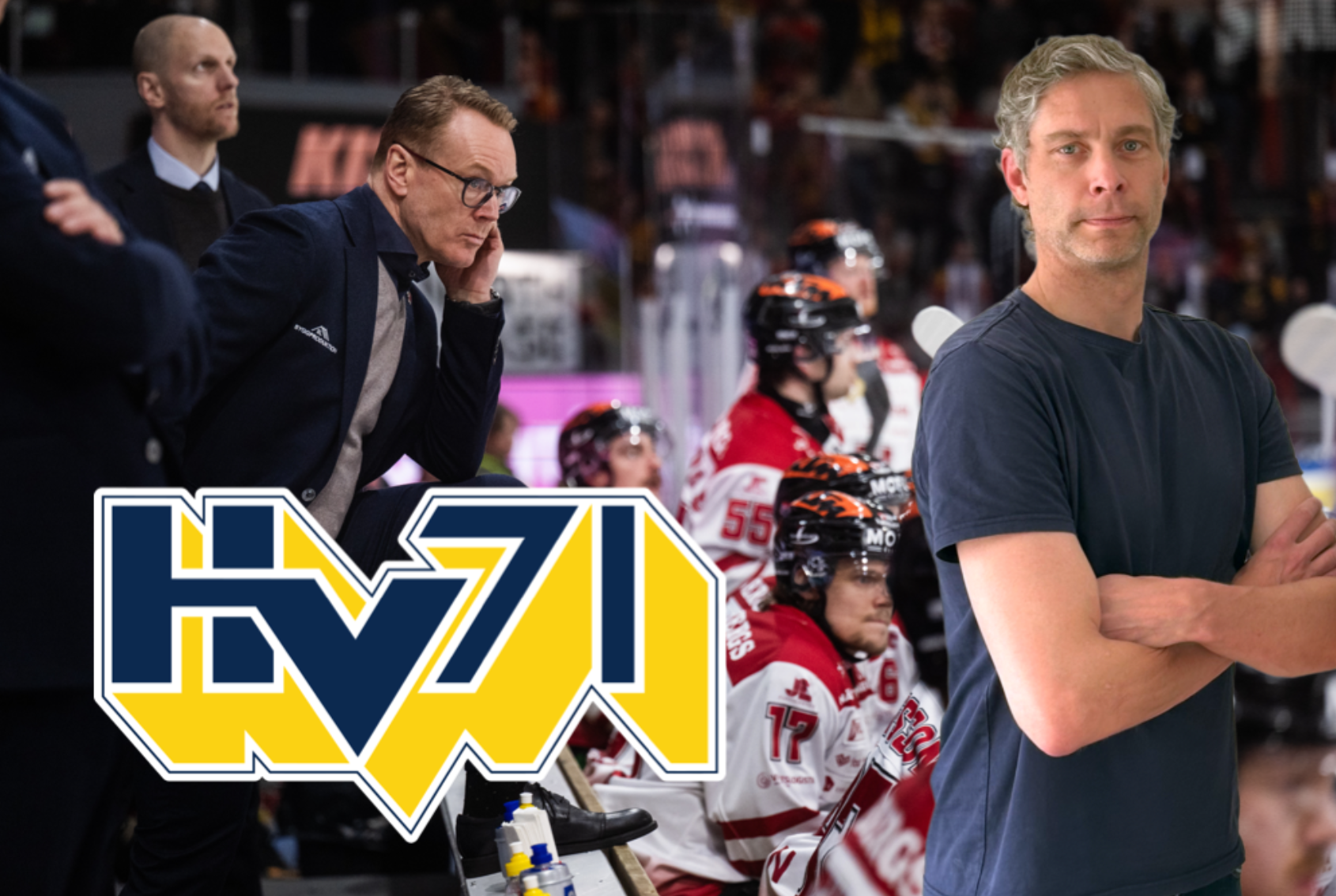 Collage från ishockeymiljö med tränare och spelare vid bänken, HV71-logotypen framträdande.