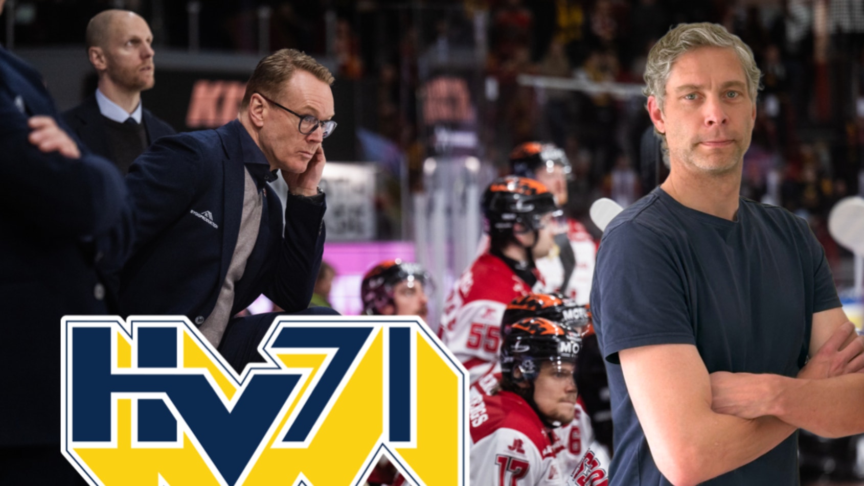 Collage från ishockeymiljö med tränare och spelare vid bänken, HV71-logotypen framträdande.
