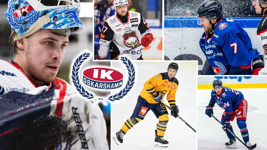 Kollage med ishockeyspelare från olika lag i match- och träningssituationer. Bilden visar spelare i blå, vit och gul ishockeyutrustning, samt IK Oskarshamn-loggan i mitten.