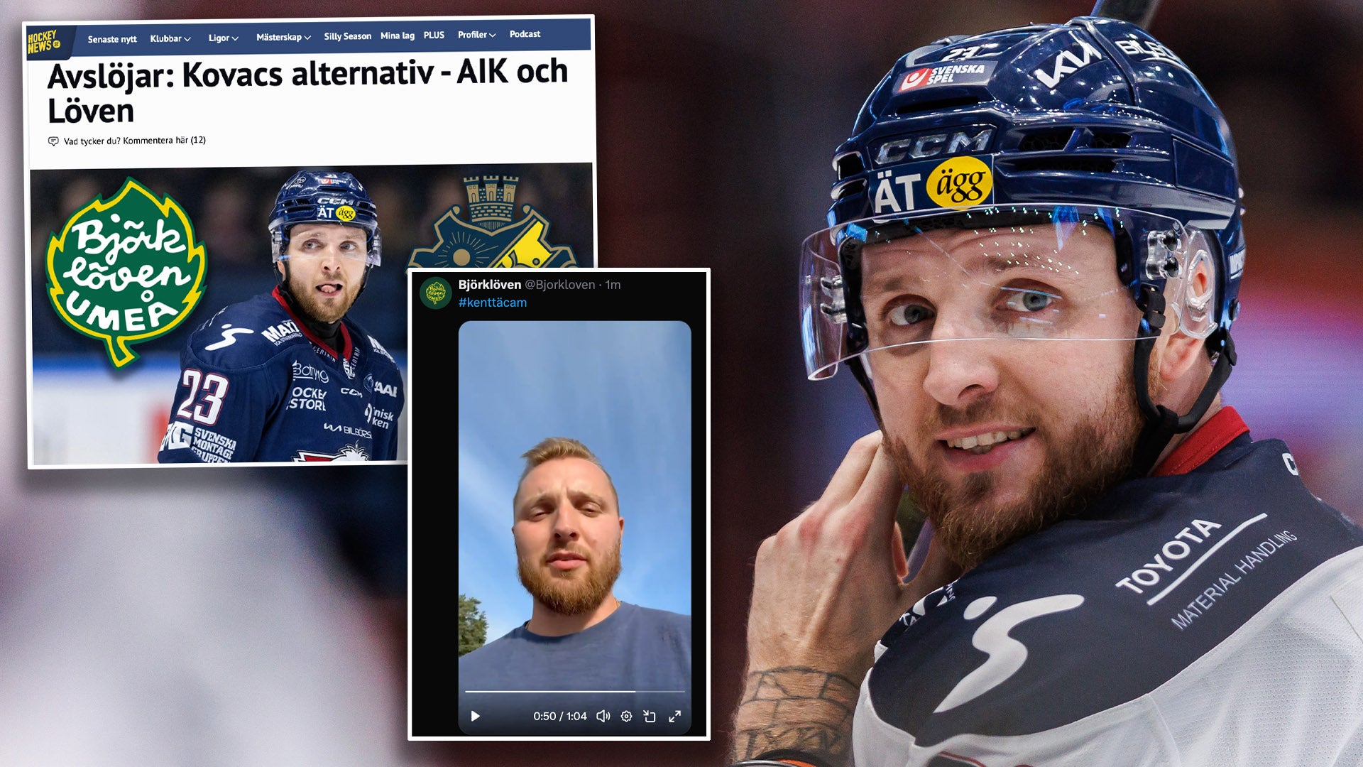 Collage med foton av hockeyspelaren Robin Kovacs i olika sammanhang, inklusive porträtt i hockeyutrustning och casual kläder.