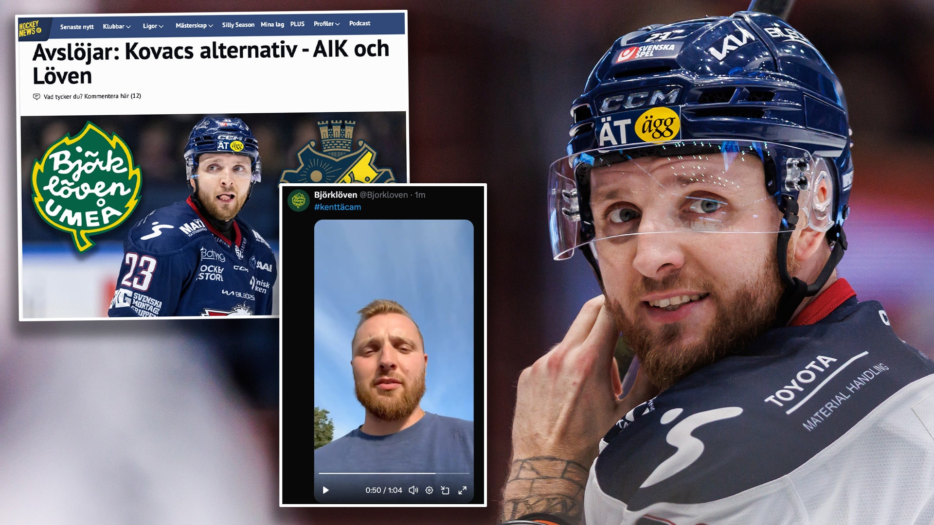 Collage med foton av hockeyspelaren Robin Kovacs i olika sammanhang, inklusive porträtt i hockeyutrustning och casual kläder.