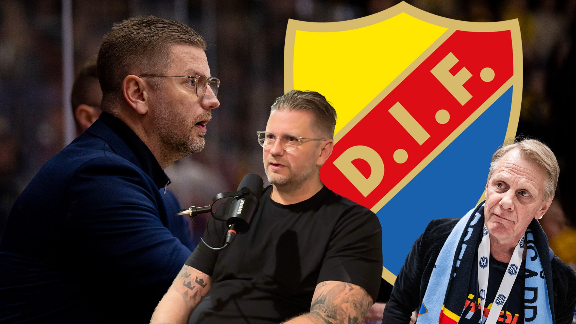 Tre män i en sportmiljö. En man talar i en mikrofon medan två andra män lyssnar. I bakgrunden syns en fotbollsklubbslogotyp i gult och rött.