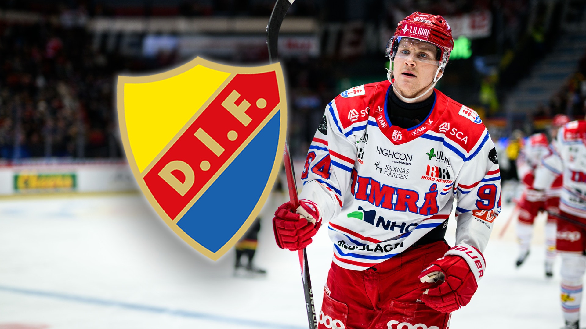 Hockeyspelare i röd tröja med DBF-logon spelar på isen under en match. Spelaren bär röd hjälm och handskar och håller en hockeyklubb.