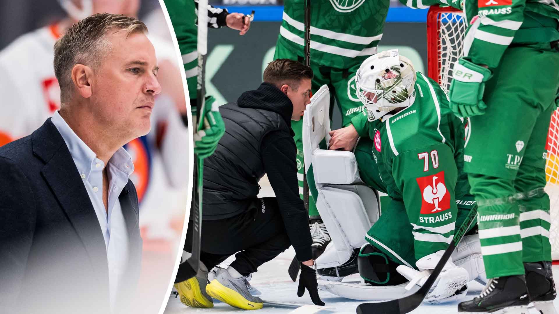 En tränare i kavaj tittar ut över isen, medan en målvakt i grön matchtröja får hjälp av ledare vid sargen på ishockeyrinken.