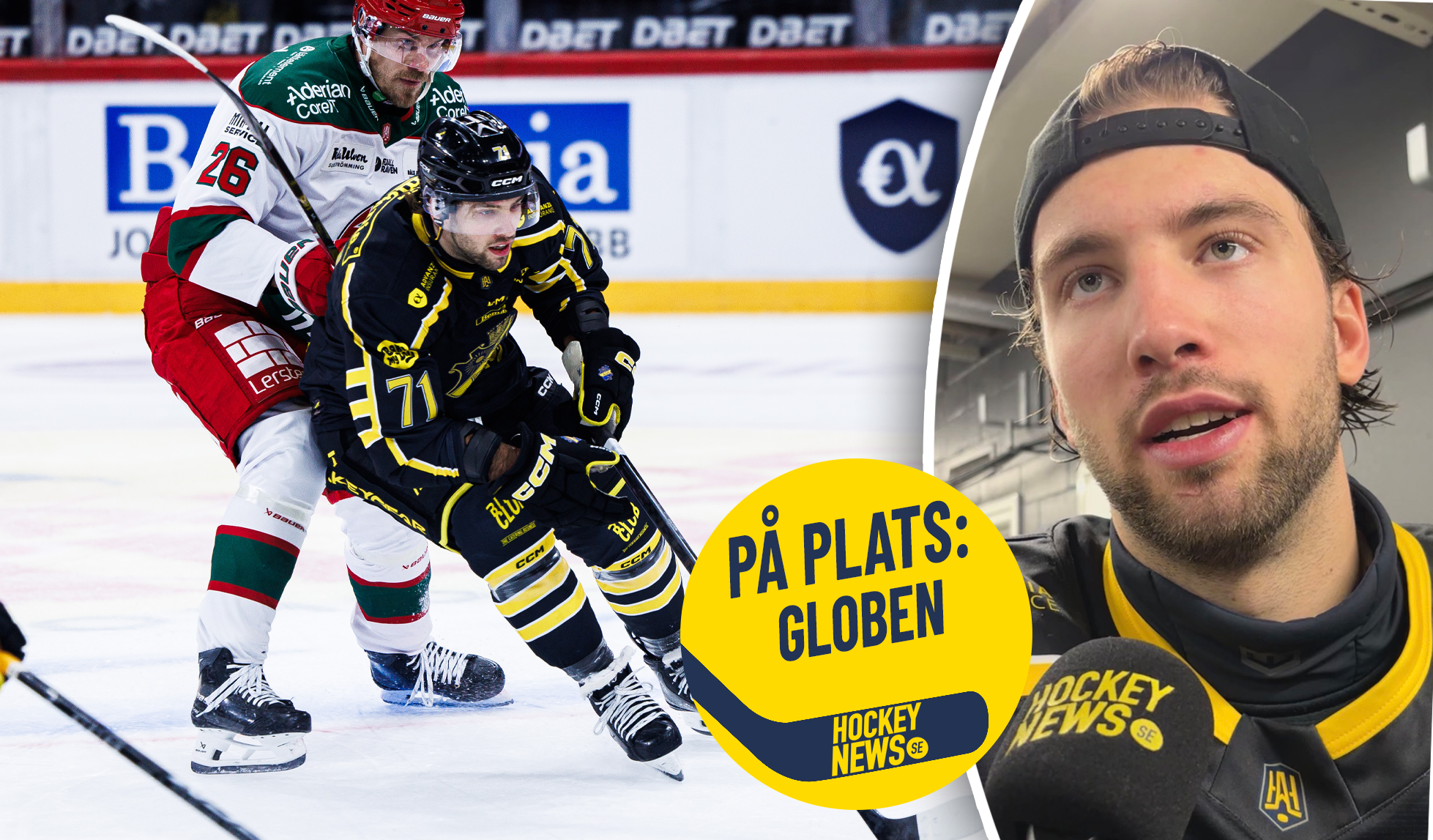 Ryder Rolston En ishockeyspelare i svart och gult tröja kämpar om pucken mot en motståndare i rödvit tröja på isen, med en intervjubild av en spelare infogad i bildens högra del.