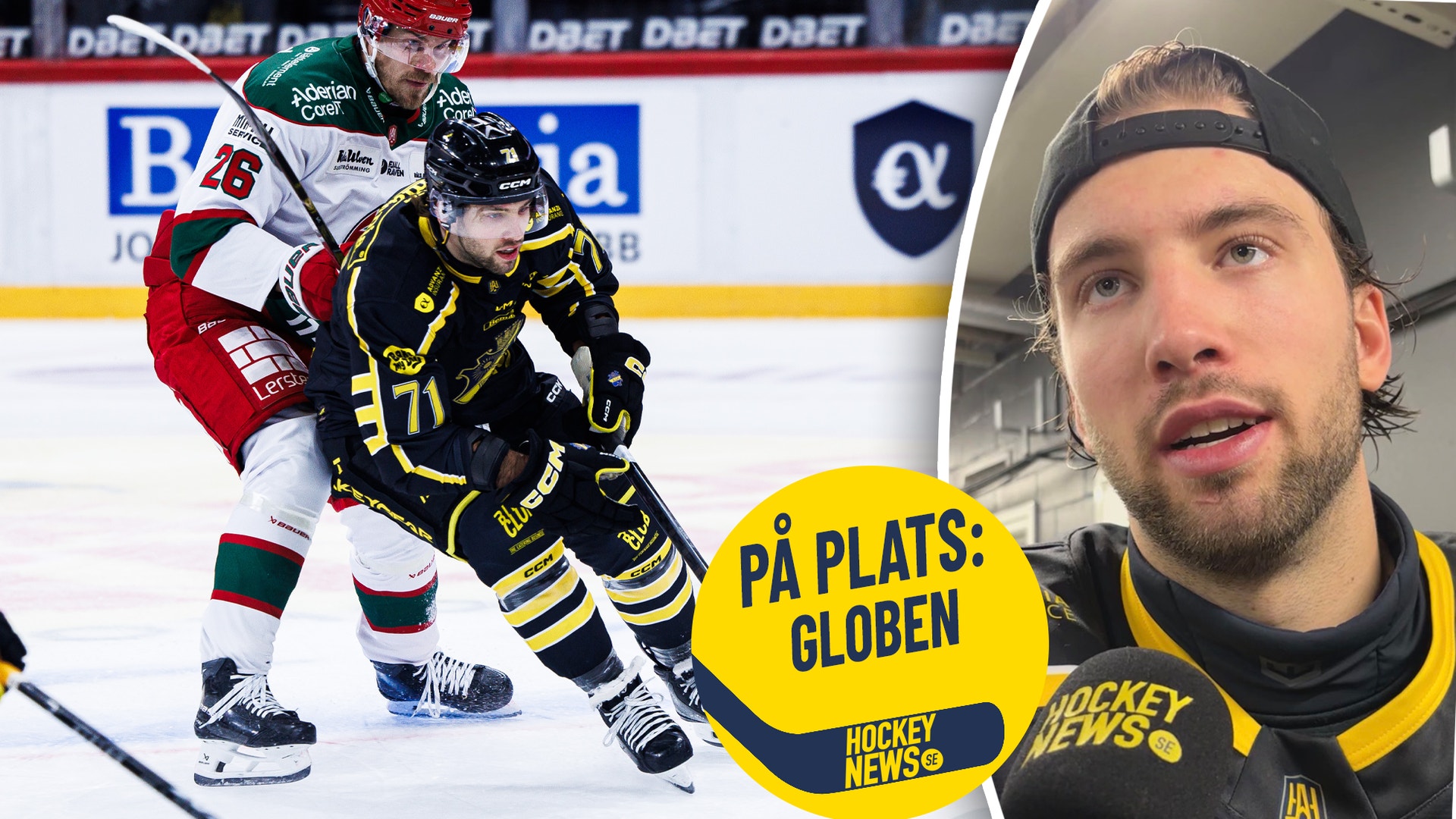 Ryder Rolston En ishockeyspelare i svart och gult tröja kämpar om pucken mot en motståndare i rödvit tröja på isen, med en intervjubild av en spelare infogad i bildens högra del.