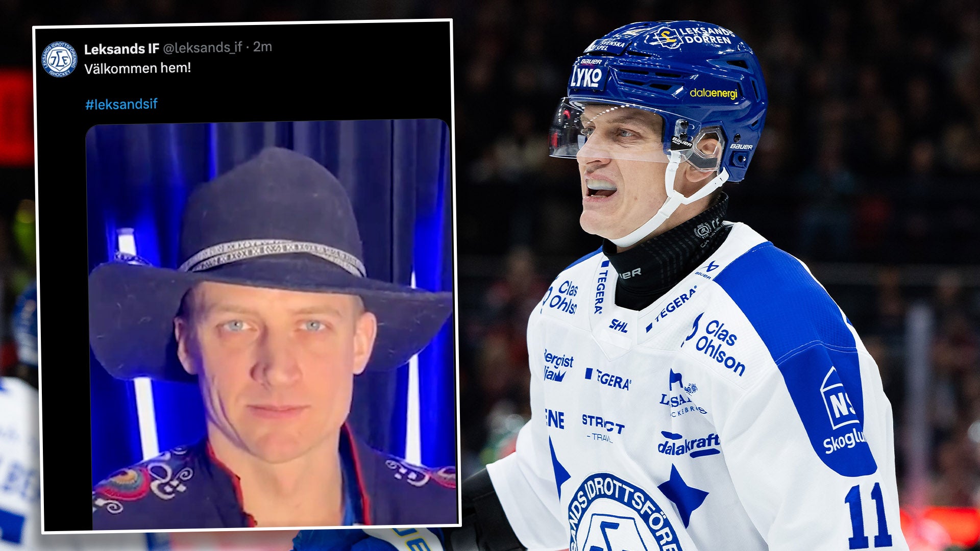 Sammansatt bild av en ishockeyspelare. Till vänster ett porträtt av spelaren med cowboyhatt, till höger spelaren i ishockeyutrustning med blå och vit tröja och hjälm under en match.