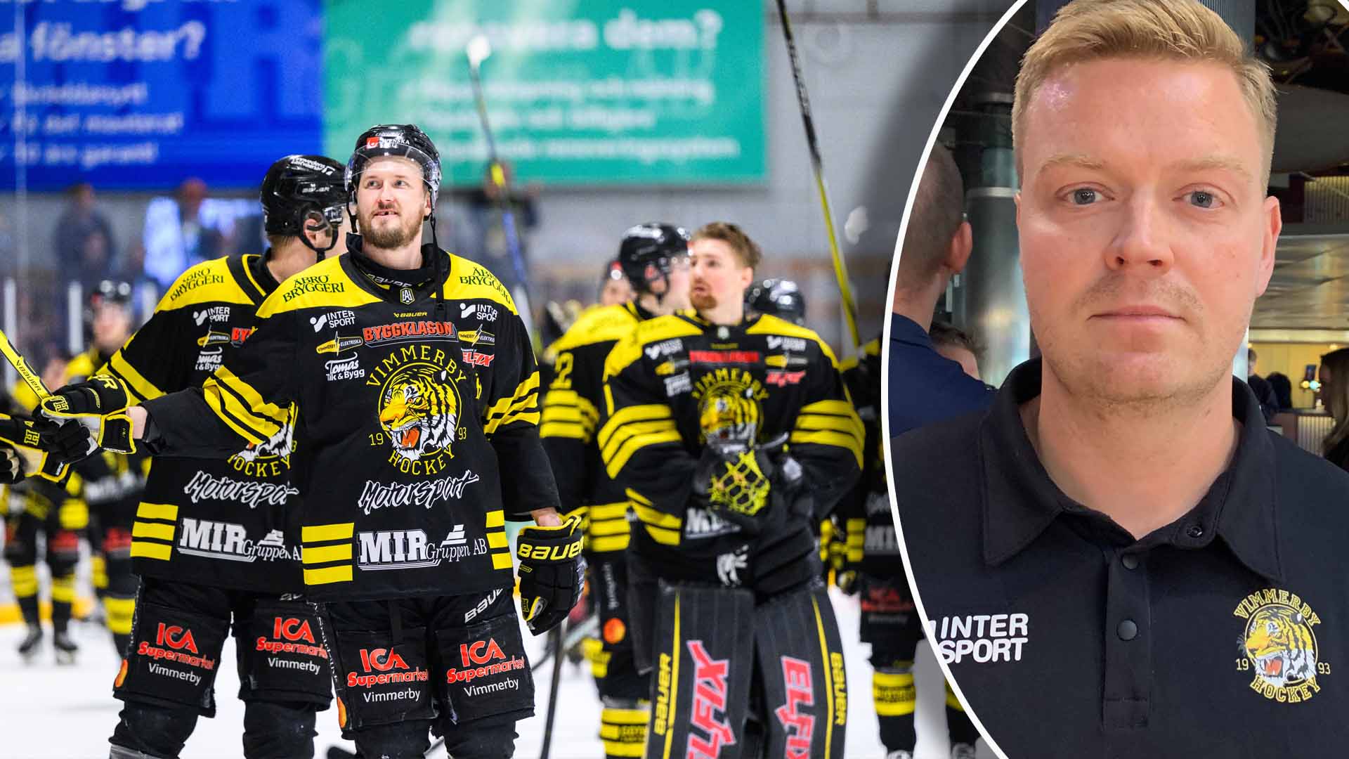 Ishockeyspelare i svartgula matchtröjor på isen, med en inklippt porträttbild på en man i mörk tröja.
