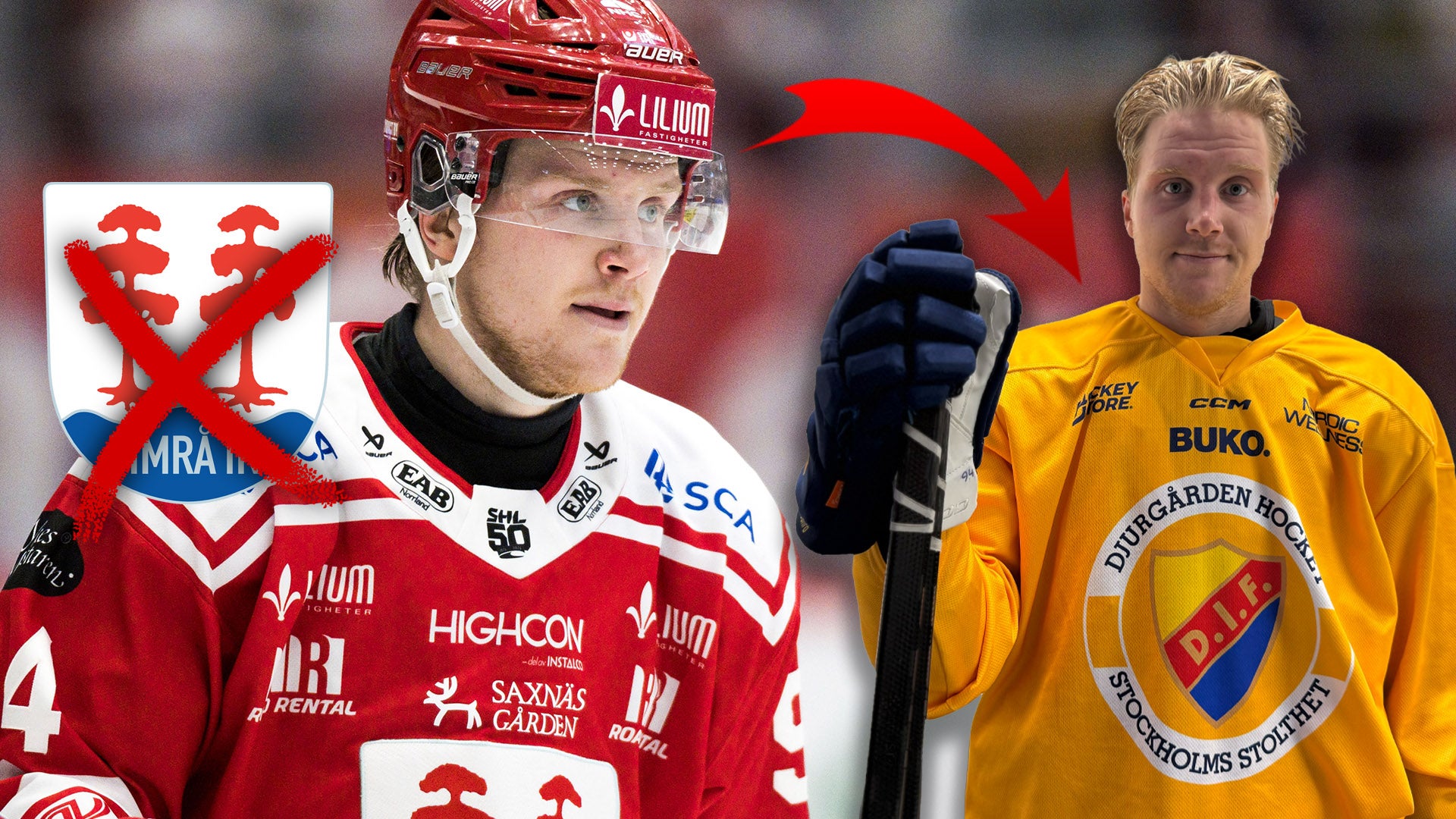 Två ishockeyspelare presenterade sida vid sida - en i röd och vit landslagströja med hjälm och en i gul klubbtröja.