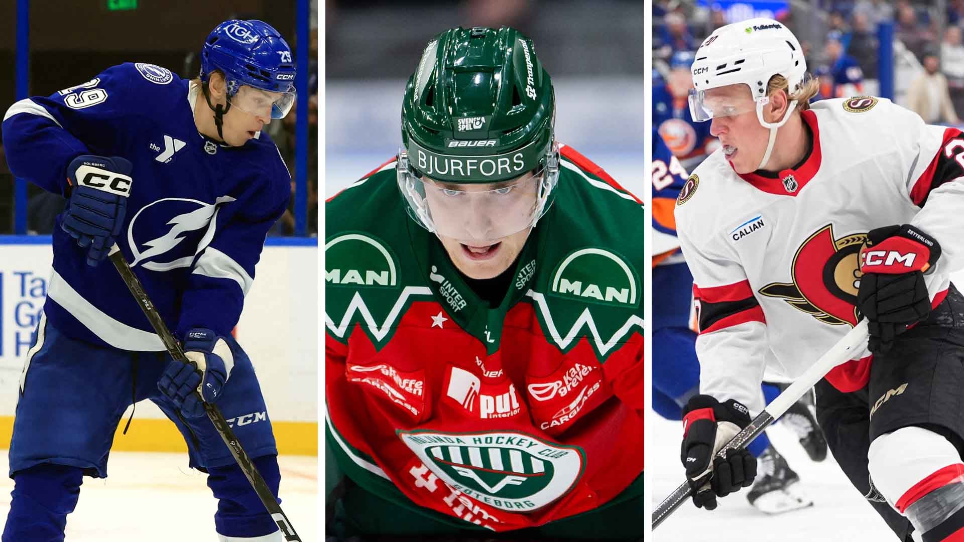 Collage med tre ishockeyspelare i olika lagtröjor: en i blå tröja, en i grön och röd tröja med hjälm och en i vit tröja med röda detaljer.