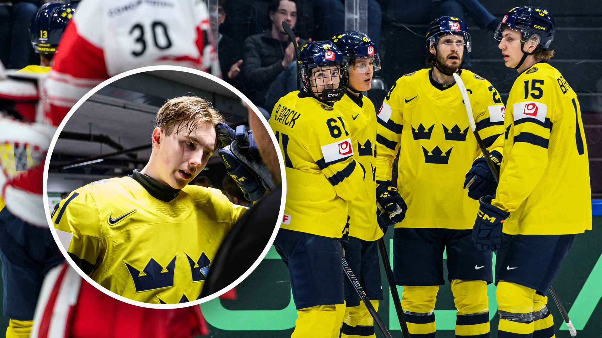 Svenska ishockeyspelare i gula och blåa landslagströjor under en match. En närbild av en spelare till vänster och en grupp spelare som står tillsammans på isen till höger.