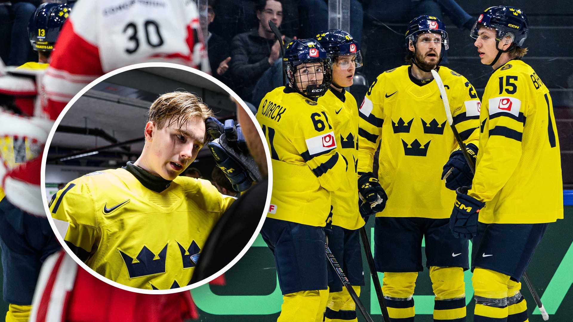 Svenska ishockeyspelare i gula och blåa landslagströjor under en match. En närbild av en spelare till vänster och en grupp spelare som står tillsammans på isen till höger.