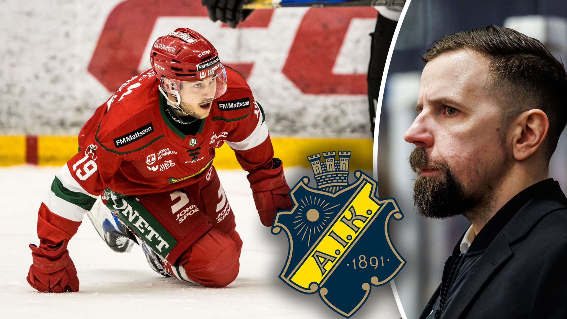 Sammansatt bild som visar en ishockeyspelare i röd tröja på isen och en porträttbild av en man tillsammans med ett ishockeyklubbbemblem.
