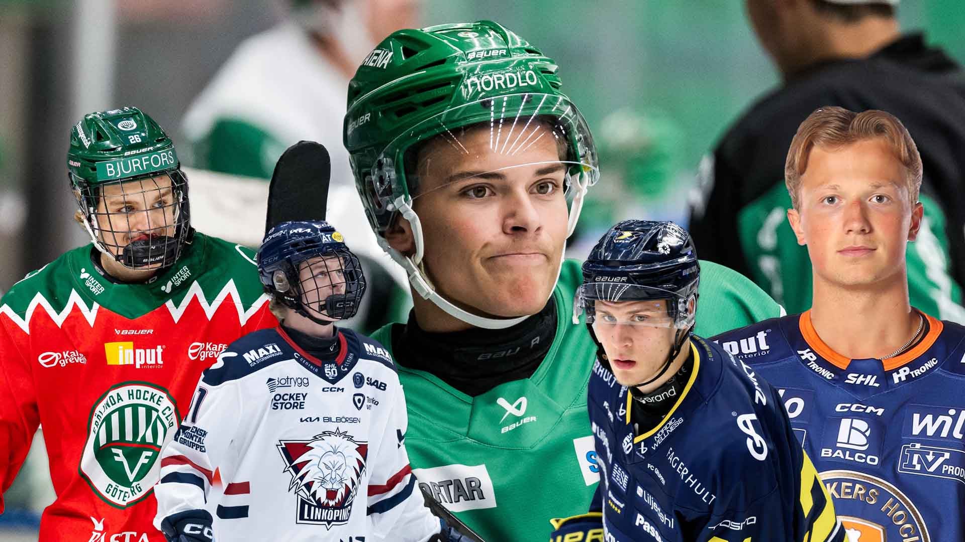 Kollage med fem unga ishockeyspelare i olika färgade lag-tröjor och hjälmar. Spelarna poserar mot en grön bakgrund.