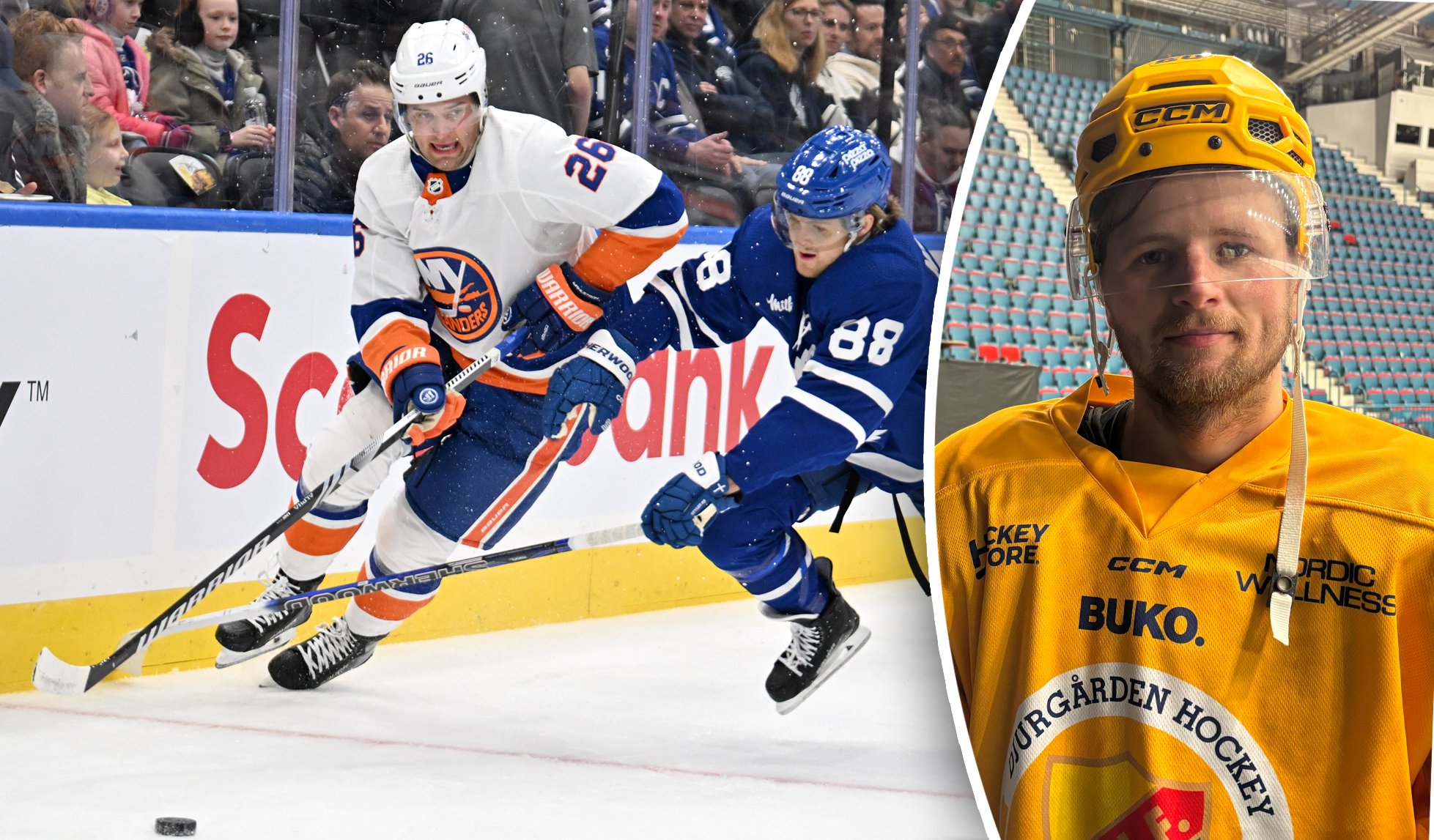 Delad bild: till vänster spelar två ishockeyspelare i matchtröjor mot varandra på isen, till höger en ishockeyspelare i gul matchtröja och hjälm.