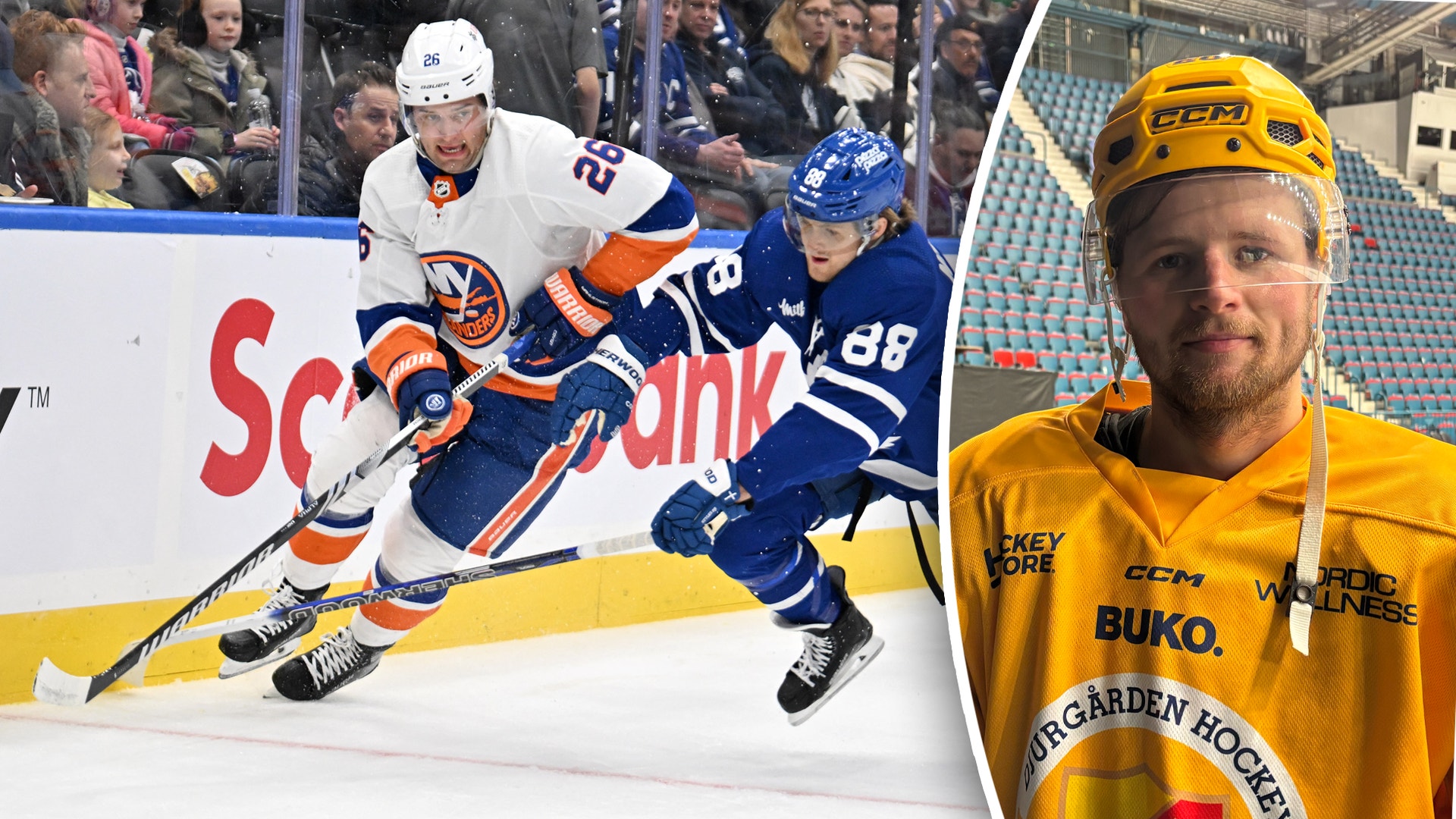 Delad bild: till vänster spelar två ishockeyspelare i matchtröjor mot varandra på isen, till höger en ishockeyspelare i gul matchtröja och hjälm.