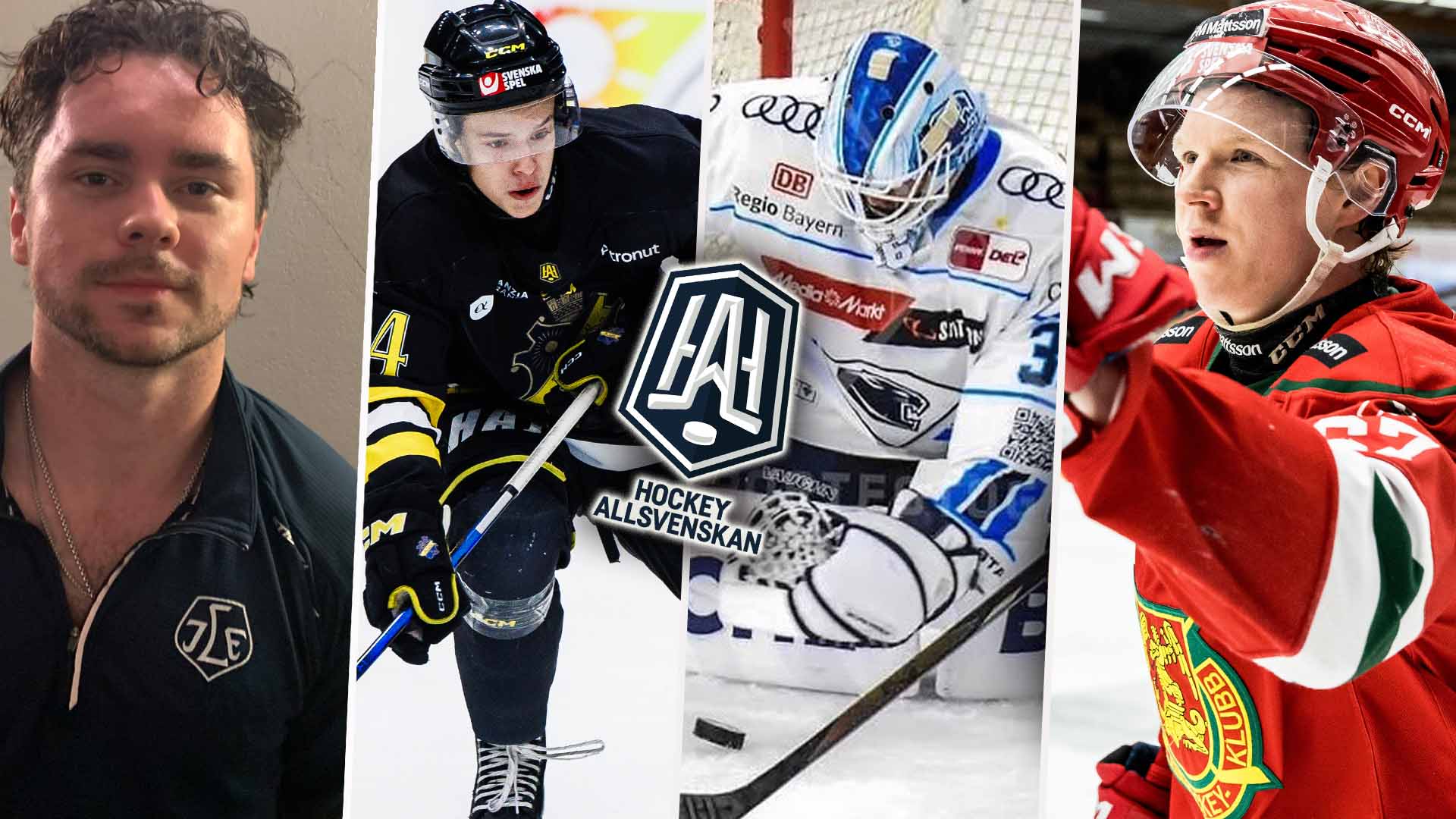Kollage med fyra bilder relaterade till ishockey: porträtt av en man, ishockeyspelare i svart tröja, ishockeyutrustning med hjälm och stick, och ishockeyspelare i röd tröja.