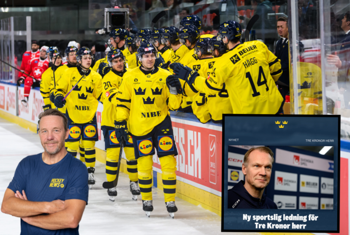 Ishockeyspelare i gula och svarta trikåer med tre kronor på isen, tillsammans med en man i mörkblå tröja som står vid sidan av.
