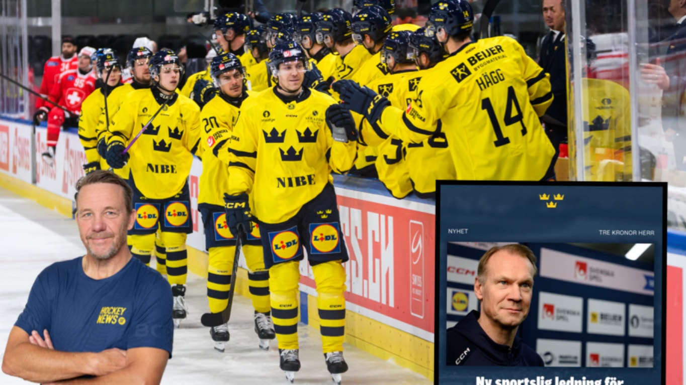 Ishockeyspelare i gula och svarta trikåer med tre kronor på isen, tillsammans med en man i mörkblå tröja som står vid sidan av.