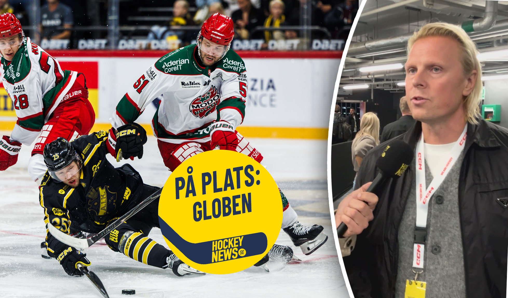 Bildkollage från en hockeymatch med spelare på isen och en reporter som intervjuar utanför arenan, med texten "På plats: Globen".