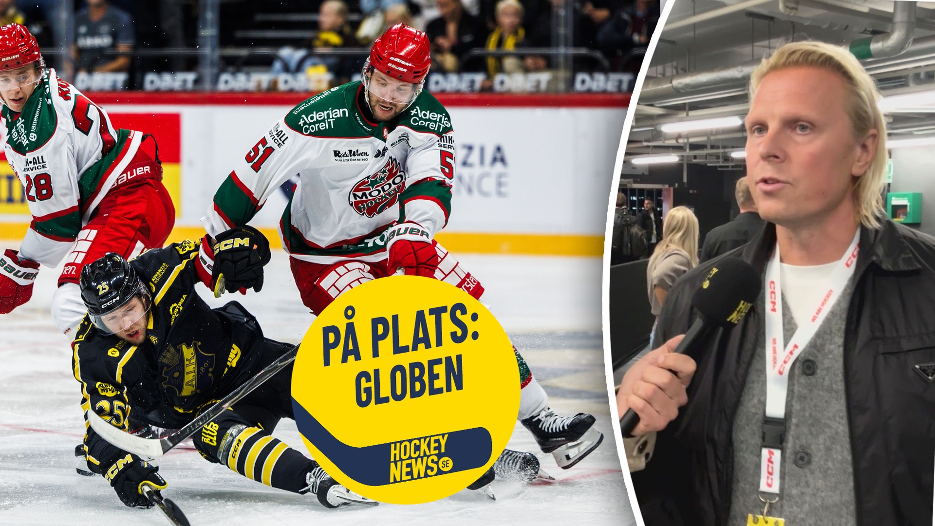 Bildkollage från en hockeymatch med spelare på isen och en reporter som intervjuar utanför arenan, med texten "På plats: Globen".