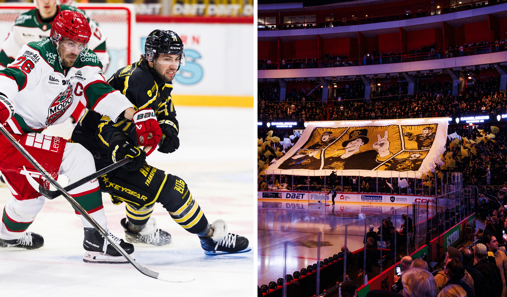 Två ishockeyspelare kämpar om pucken under en match, samt en fullsatt arena med publik och en stor tifo på läktaren. En fullsatt ishockeyarena där supportrar håller upp en stor tifo över publikläktaren inför en match.
