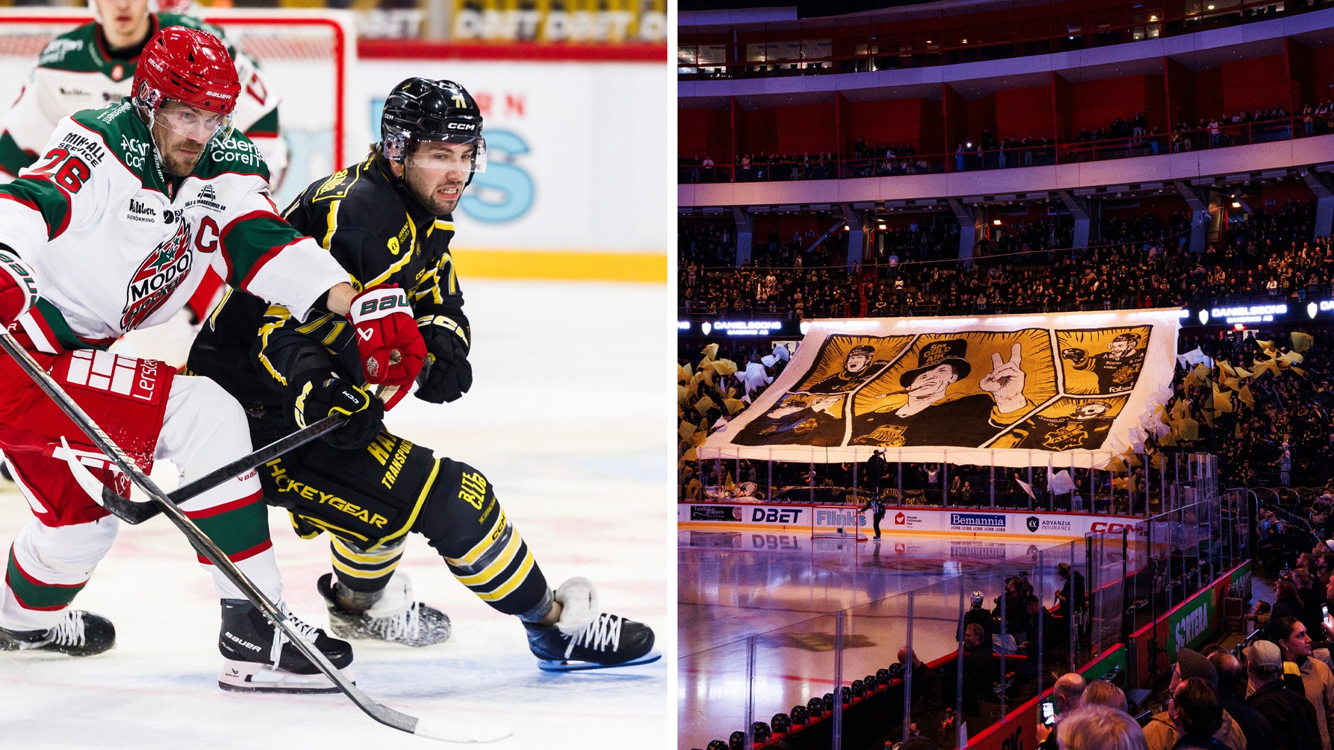 Två ishockeyspelare kämpar om pucken under en match, samt en fullsatt arena med publik och en stor tifo på läktaren. En fullsatt ishockeyarena där supportrar håller upp en stor tifo över publikläktaren inför en match.