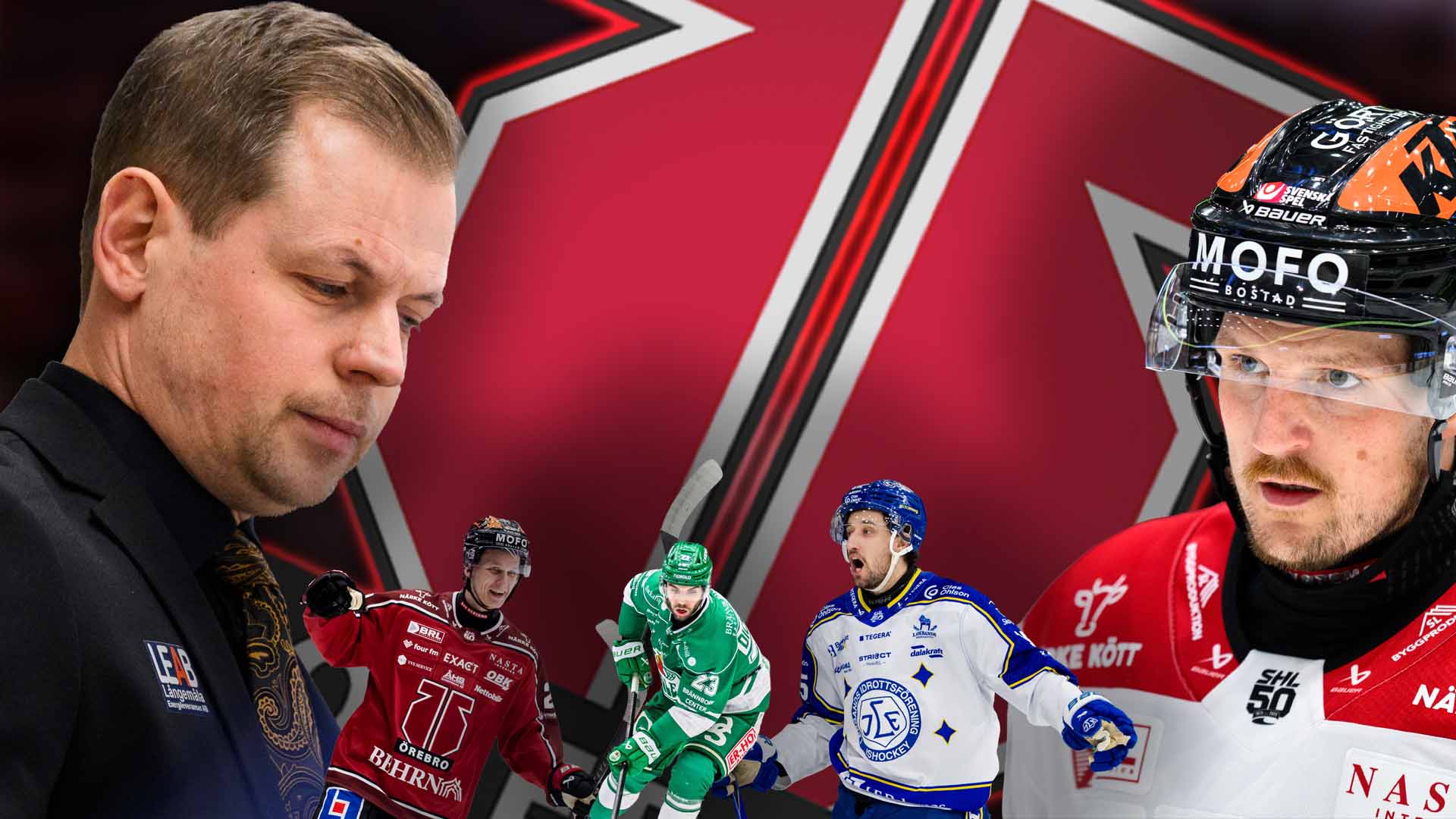 Ishockeyspelare i röda, gröna och vita trikåer presenterade mot en röd bakgrund med grafiska designelement.