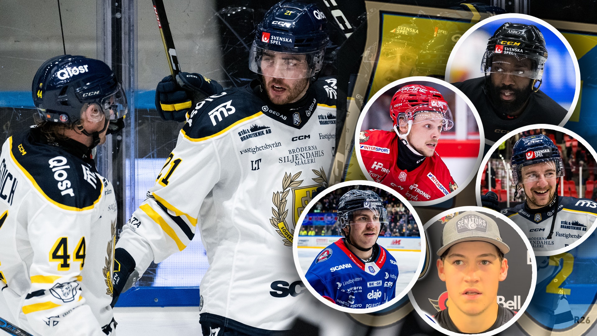 Ishockeybild med spelare i vit och svart utrustning på isen, omgiven av porträttcirklar av olika ishockeyspelare i olika färgade tröjor.