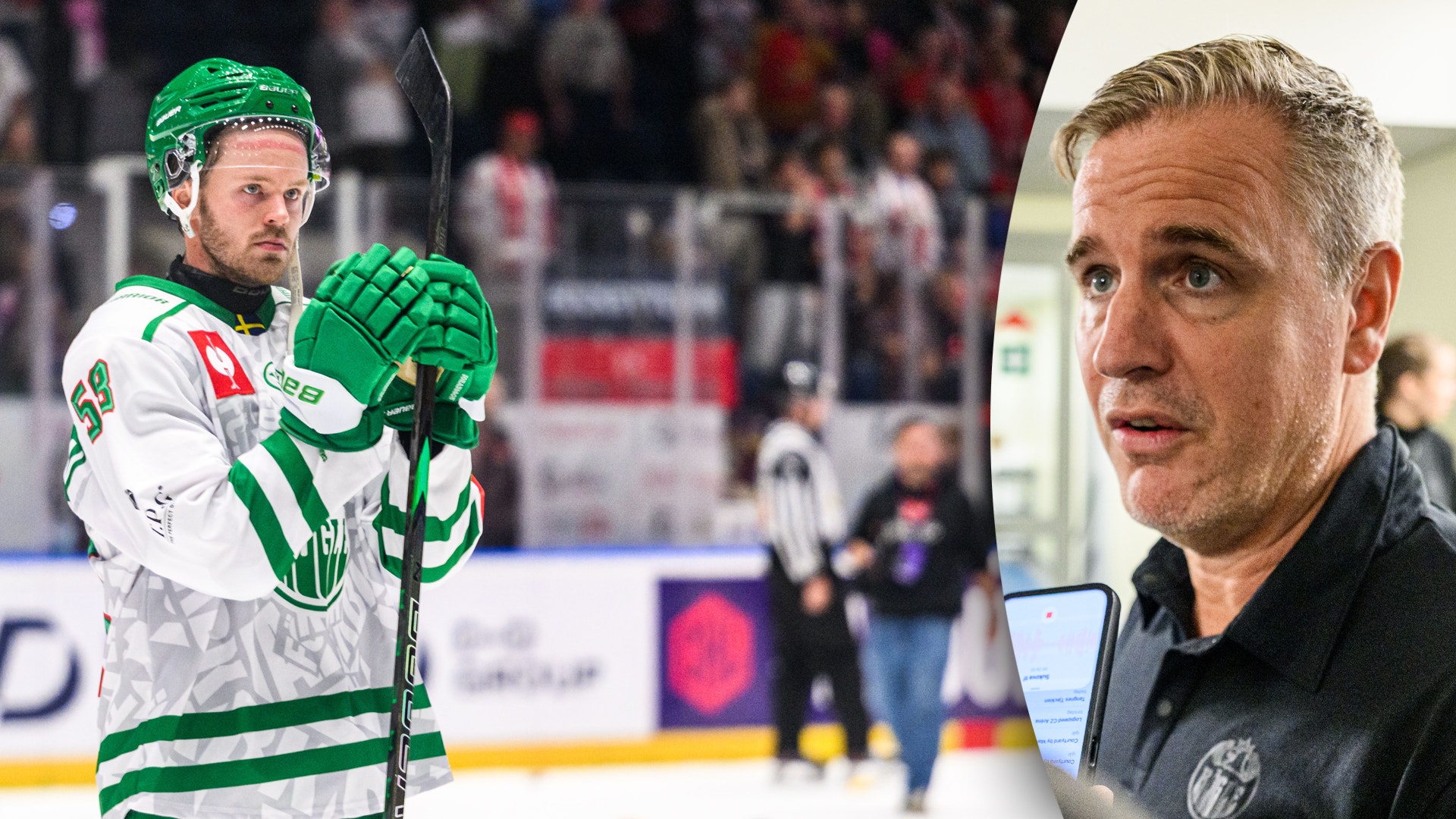 Sammansatt bild med en ishockeyspelare i grön och vit uniform på en ishockeyplan till vänster, och en porträttbild av en man i svart jacka till höger.