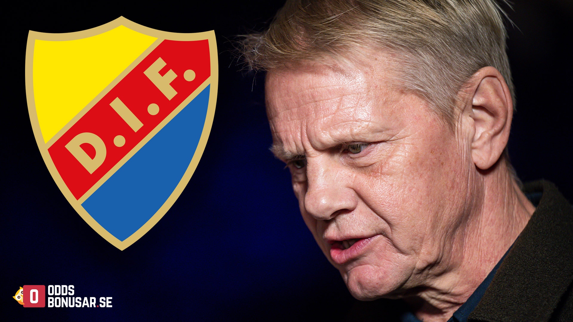 Porträtt av en man i profil med DIF:s klubblogga i bakgrunden.