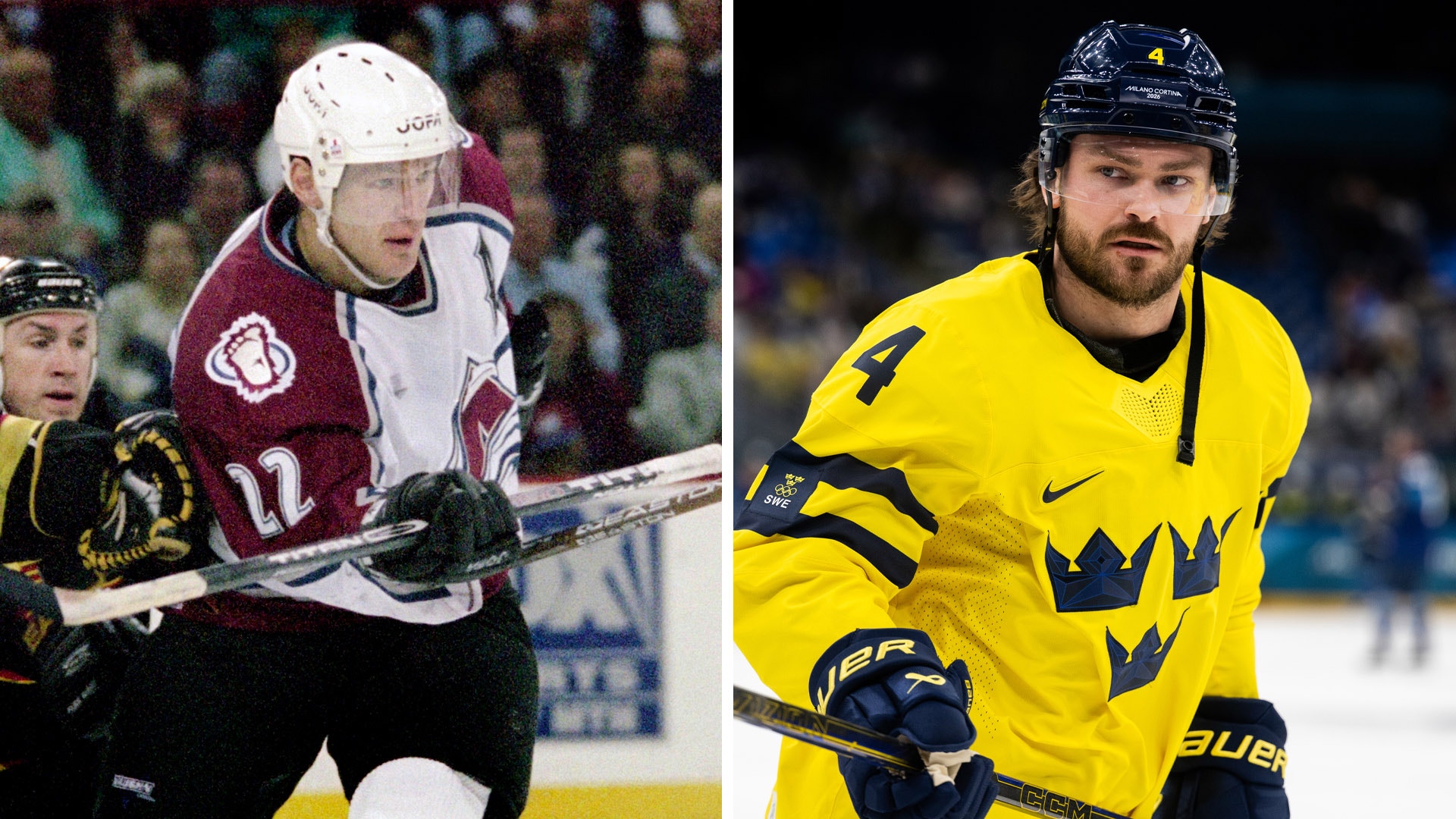Sammansatt bild som visar en hockeyspelare i två olika skeden av sin karriär - till vänster i en röd och vit klubbtröja, till höger i en gul svensk landslagströja.