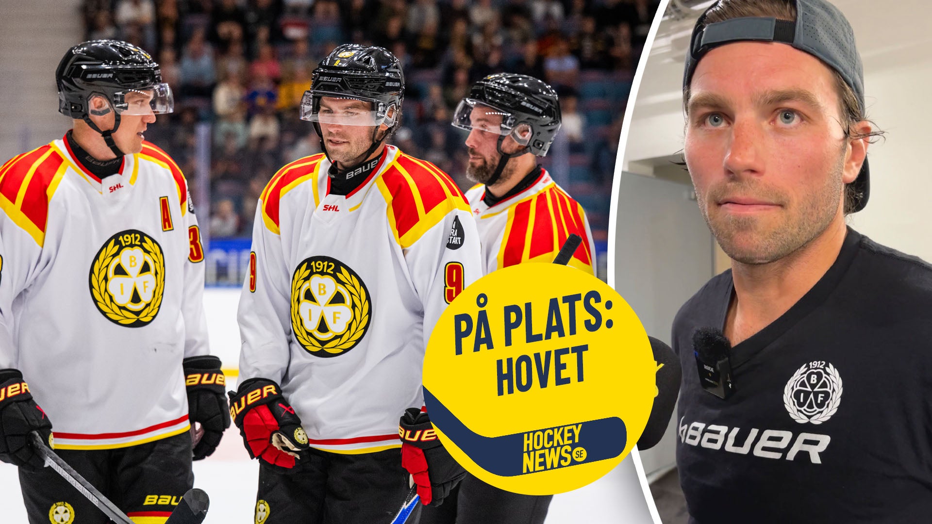 Collage med ishockeyspelare i vita tröjor med röda och gula detaljer till vänster, och en man i mörkare kläder med keps till höger. Gul etikett med texten 'PÅ PLATS: HOVET' från Hockey News.