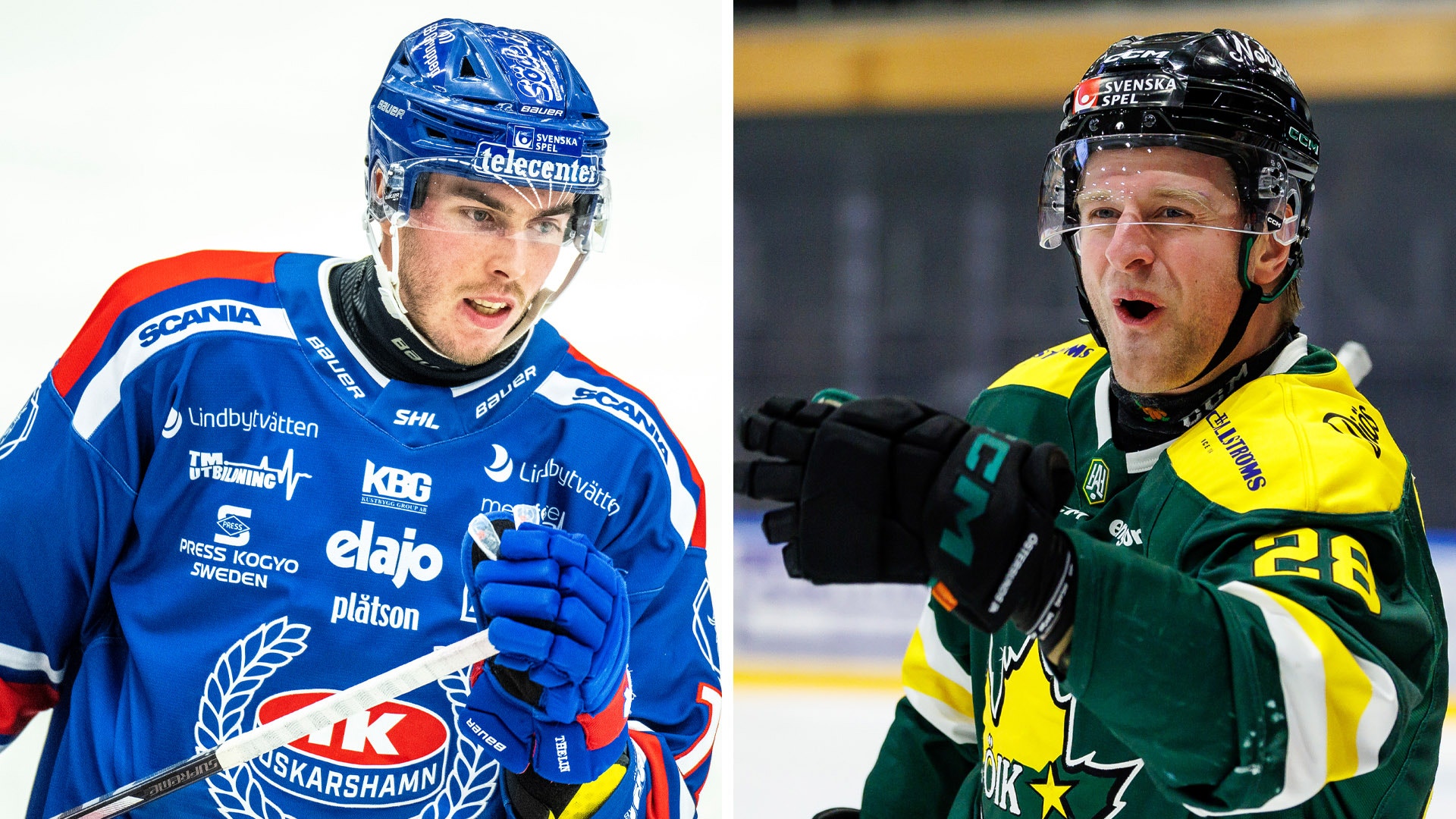 Två ishockeyspelare i match. Den vänstra spelaren bär en blå tröja och den högra spelaren bär en gul och grön tröja. Båda är utrustade med hockeyhjälm och handske.