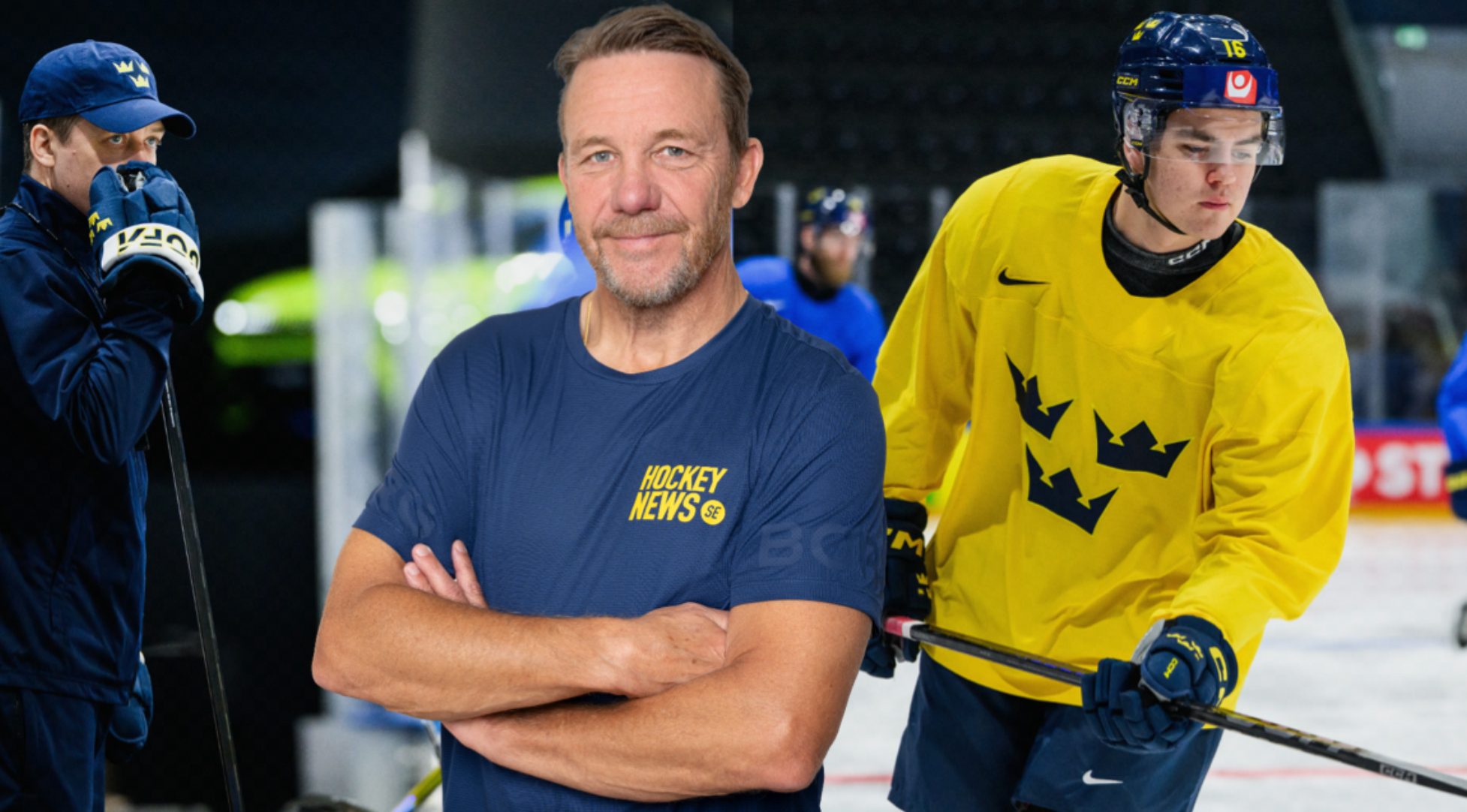Kollage från ishockeymatch med tre bilder: en tränare i mörkblå jacka på bänken, en spelare i blå ishockeyuniform och en spelare i gul ishockeyuniform under match.