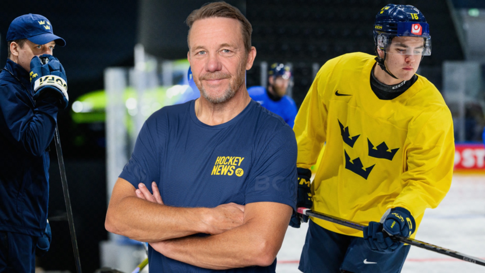 Kollage från ishockeymatch med tre bilder: en tränare i mörkblå jacka på bänken, en spelare i blå ishockeyuniform och en spelare i gul ishockeyuniform under match.